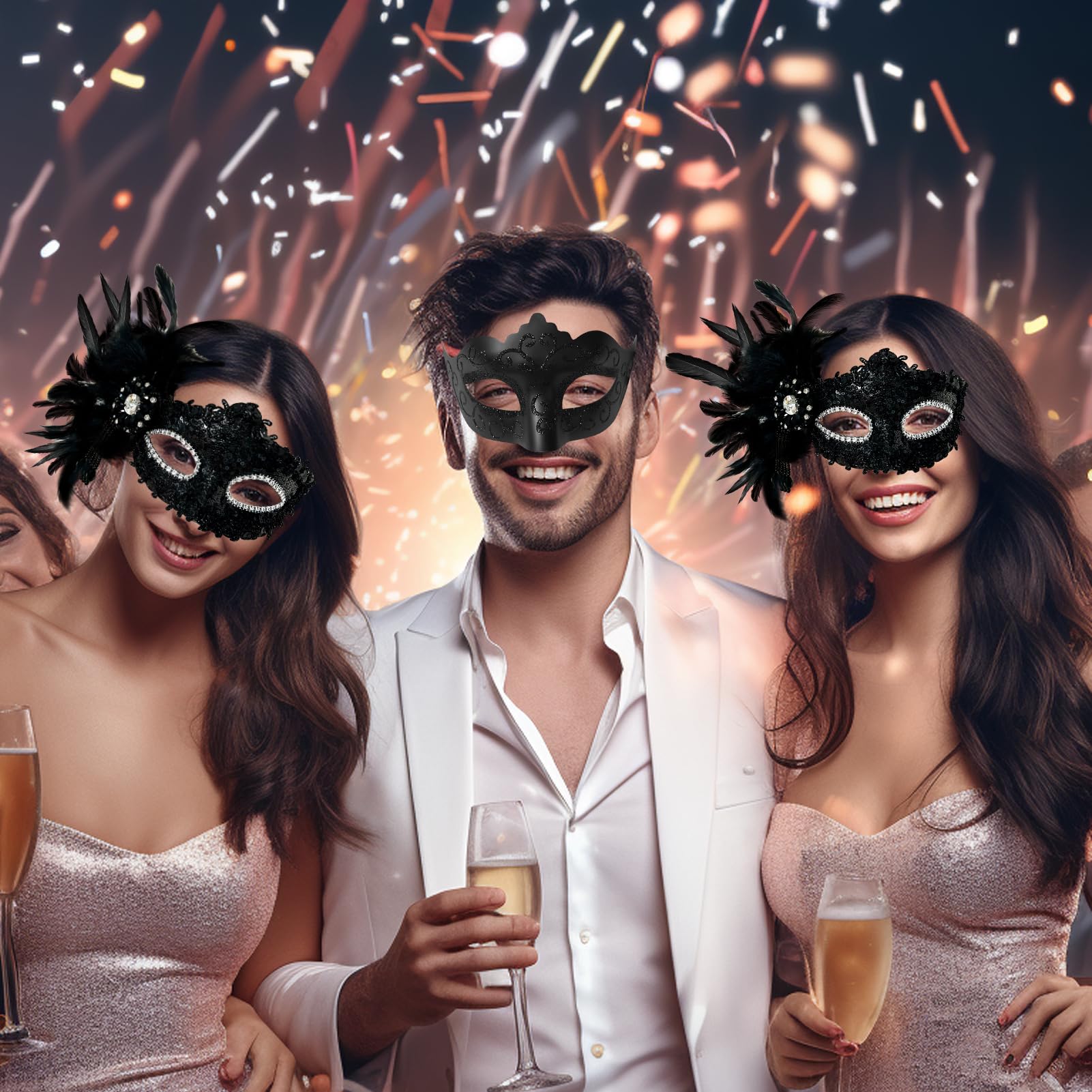 2025 New Feather Masquerade Mask for Women & Men - Elegant Couple Costume Accessory for Halloween, Mardi Gras, and Masquerade Parties
