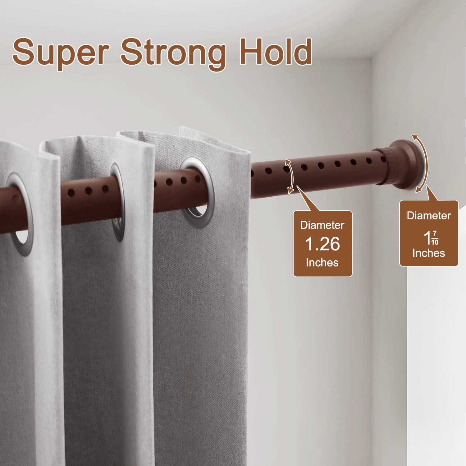 Refrze No-Drill Adjustable Tension Curtain Rod - 83-122 Inch Brown Room Divider, Shower & Window Rod | Perfect for Bathroom Privacy, Studio Apartments & Dorm Room Dividers