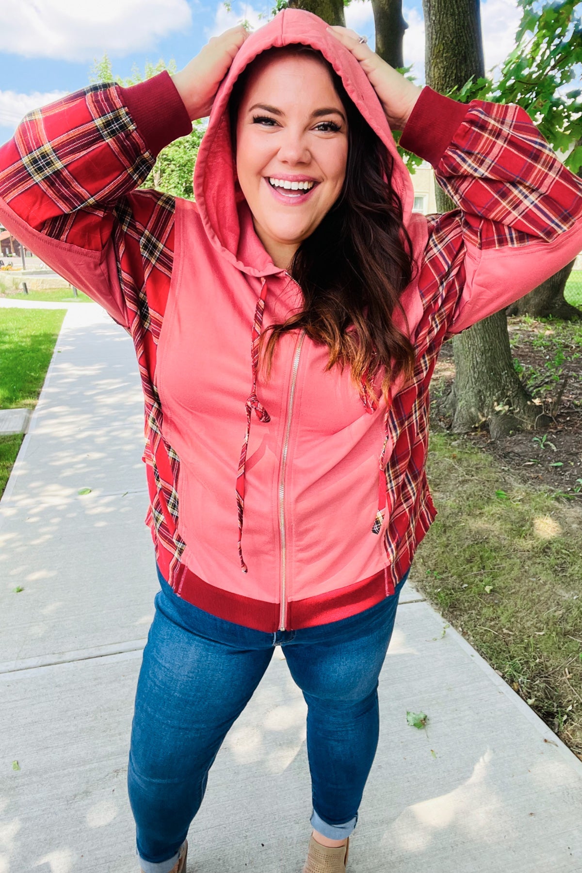 Stylish Marsala Plaid Color Block Zipper French Terry Hoodie for Women | Cozy Fall & Winter Outerwear | Perfect for Casual Outings, Lounge Wear and Street Fashion