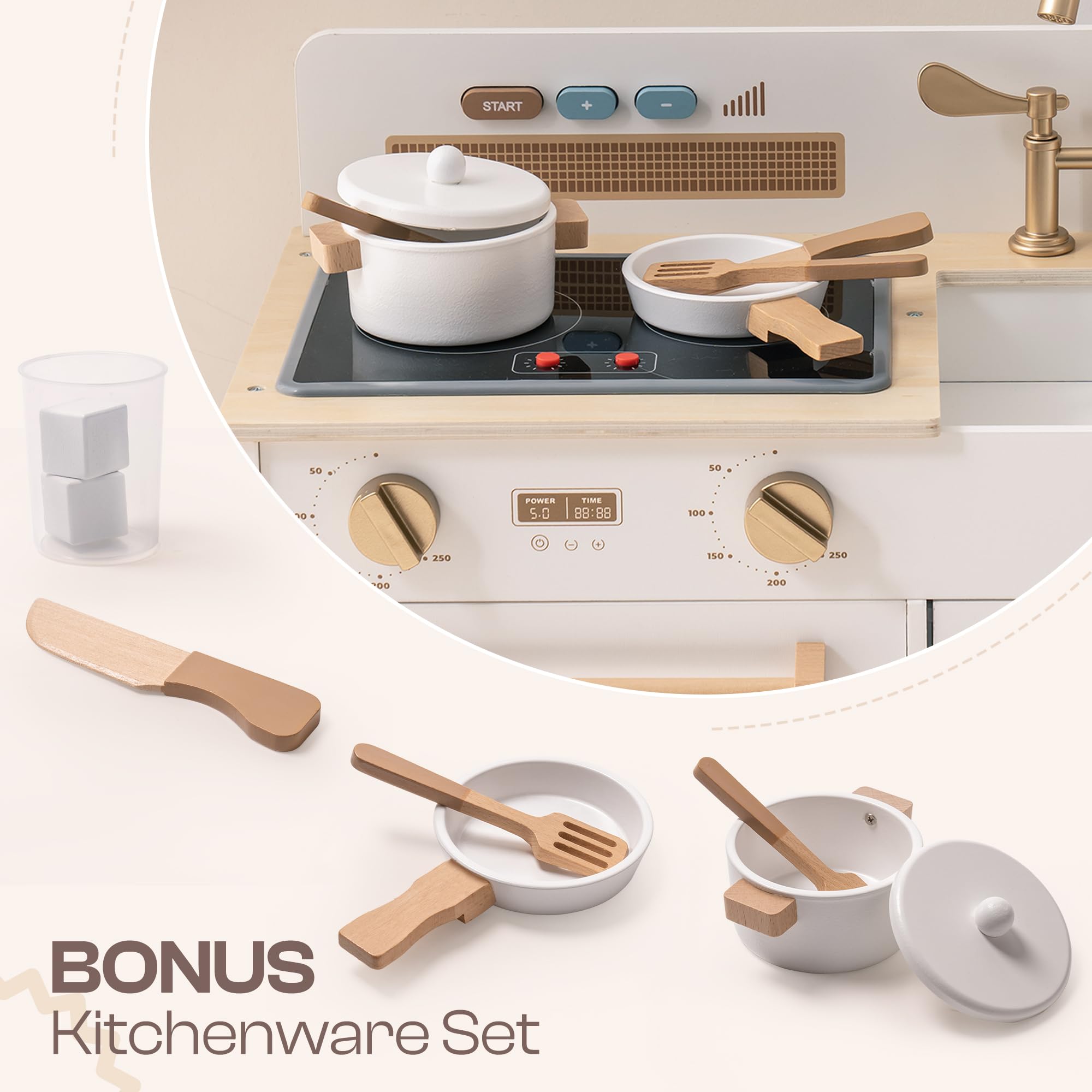 ROBOTIME Wooden Play Kitchen for Toddlers - Pretend Play Toy Kitchen with Real Lights, Sounds & Ice Cube Dispenser - Educational Gift for Kids Ages 3+ (White) | Perfect for Pretend Cooking, Role Play & Early Learning at Home or Preschool