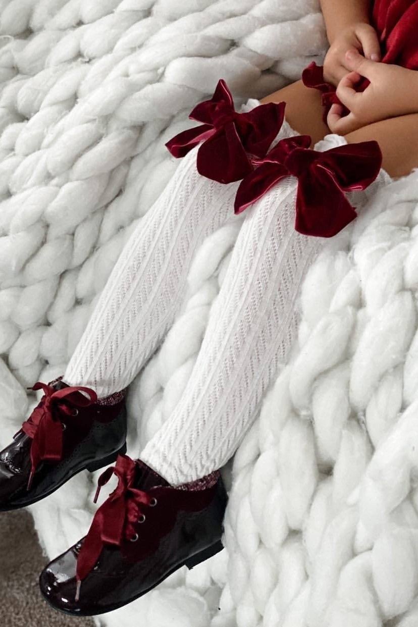 Knee High Velvet Bow Socks for Women - Soft & Elegant Winter Fashion Socks (Black/White) - Perfect for Christmas Gifts, Outfit Accessories & Cold Weather