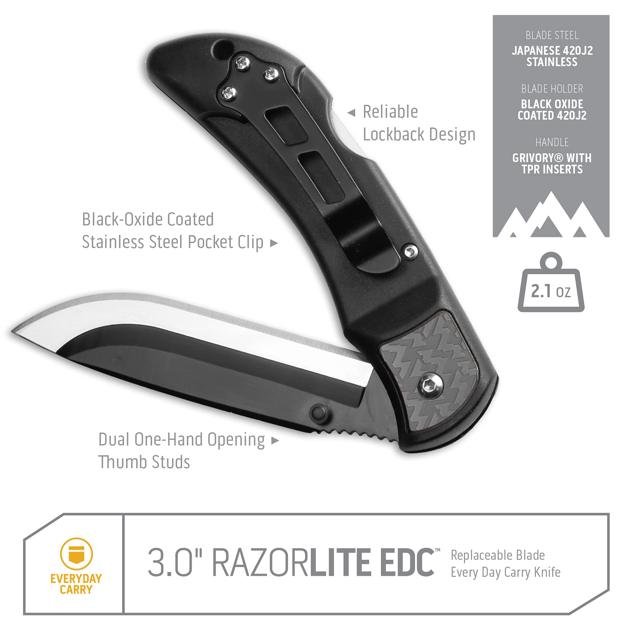 Outdoor Edge RazorLite EDC Folding Knife - Replaceable Blade Pocket Knife for Camping & Hiking