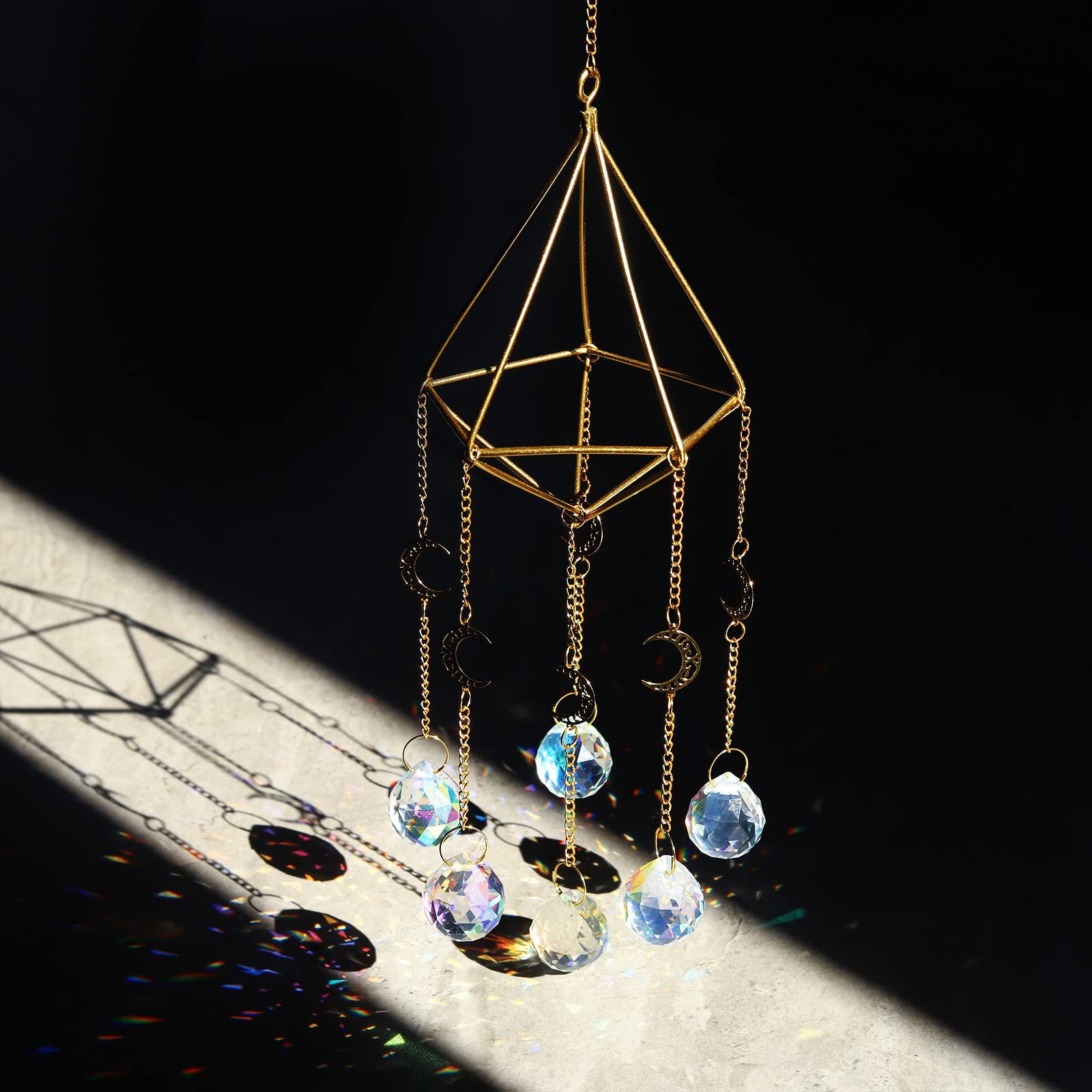 Gold Crystal Suncatcher - Rainbow Maker Window Decor with AB Coated Moon & Prism Balls | Light Catcher Hanging Ornament for Home, Garden, Wedding & Gift Giving