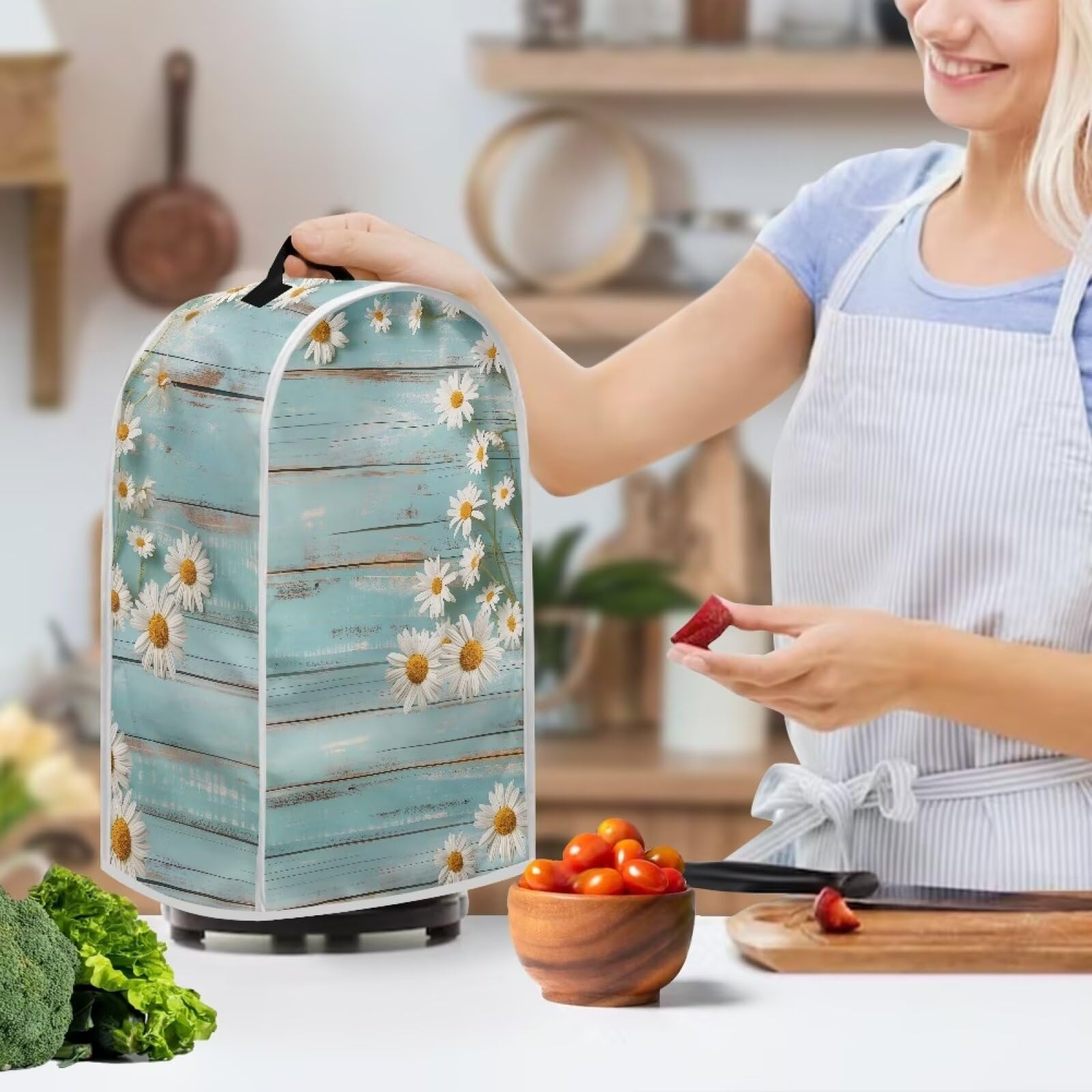 Universal Daisy Blender Cover - Teal Wood Pattern Dust Protector for Food Processors, Coffee Makers & Stand Mixers | Reusable Kitchen Appliance Cover for Countertop Protection & Home Decor