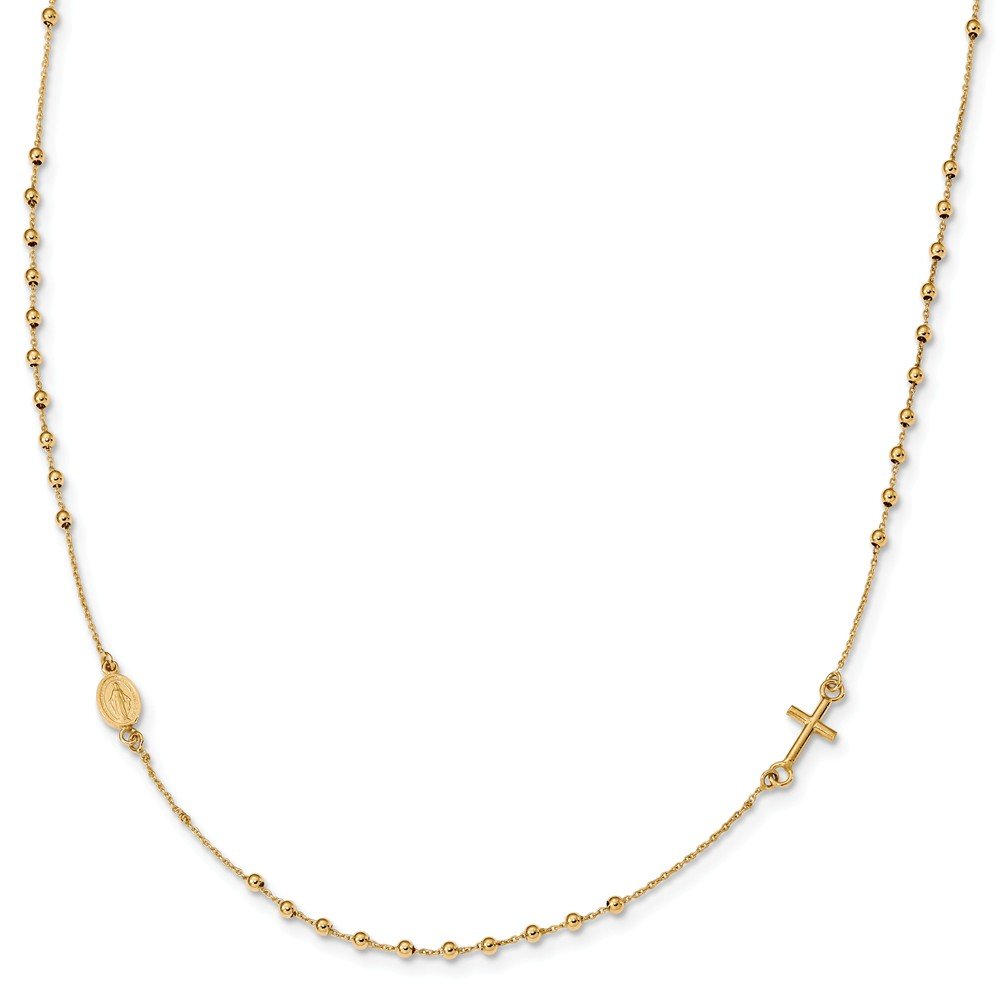 14K Gold Polished 16 Inch Cross Rosary Necklace for Women - Religious Jewelry Gift for Baptism, First Communion & Everyday Wear