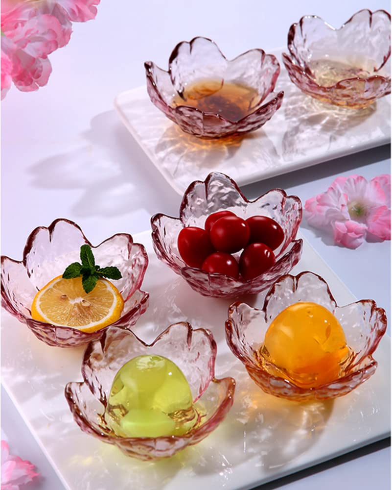 6 Pcs Sakura-Shaped Glass Seasoning Dishes - 3.4 Inch Small Dipping Bowls, Appetizer Plates & Cute Crystal Dessert Bowls in Pink - Perfect for Sushi, Soy Sauce, Snacks & Party Serving