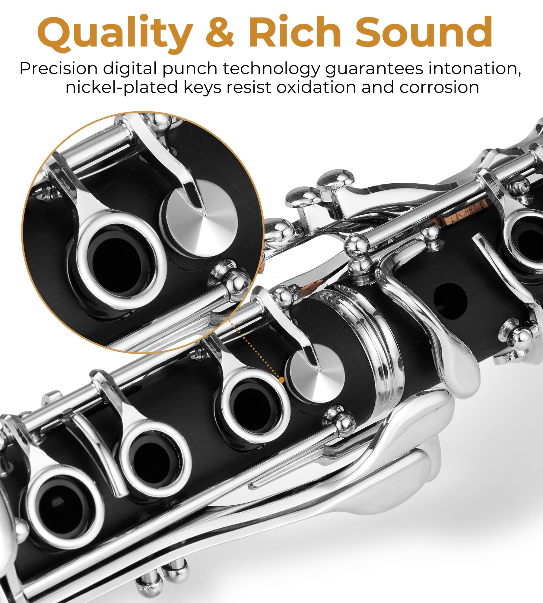 Vangoa Bb Clarinet - Professional B Flat Beginner Student Clarinet for School Band & Orchestra | Nickel-Plated with Hard Case, Stand, Cleaning Kit, Barrels, Gloves, Strap, Pads & Reeds | Perfect for Kids, Teens & Adult Music Learners | Ideal for School Performances, Practice & Music Lessons