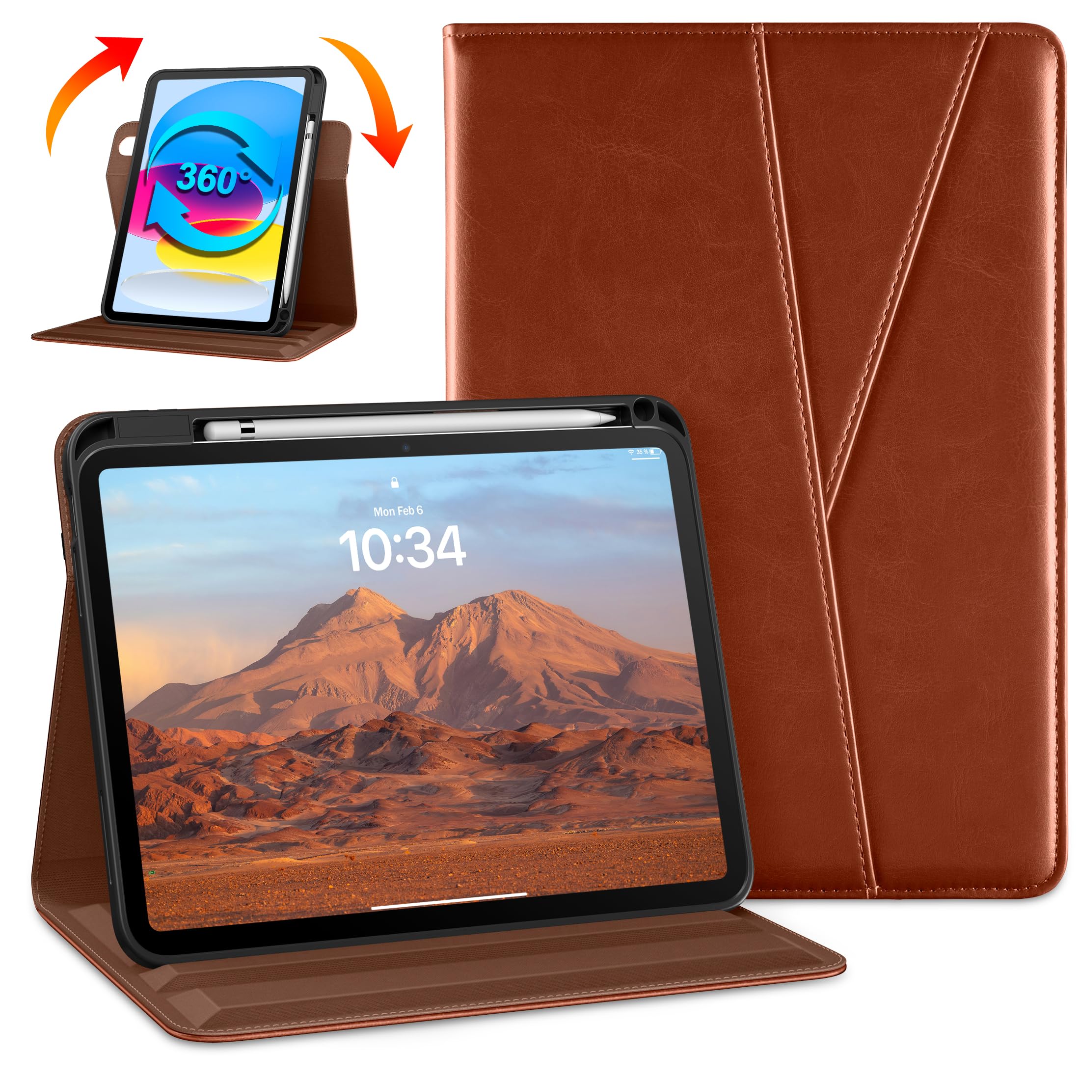 DTTO 360° Rotating Leather Case for iPad 11th Gen (2025) & 10th Gen (2022) - Premium Folio Stand Cover with Apple Pencil Holder, Brown - Perfect for Work, Study & Travel