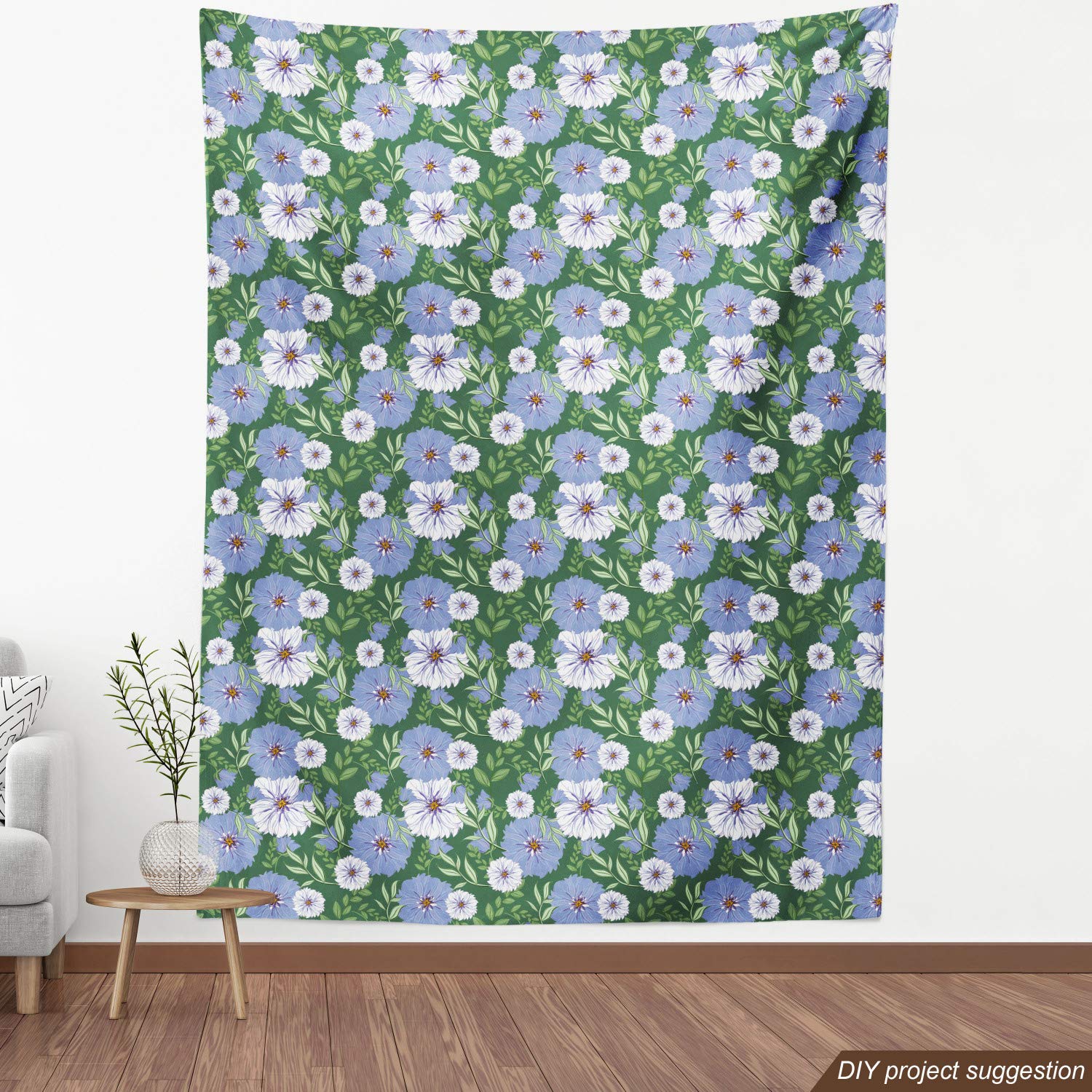 Ambesonne Floral Fabric by The Yard - Ceil Blue & White Meadow Flowers with Fern Green Leaves | Spring Garden Decorative Fabric for Upholstery, DIY Home Decor, Curtains & Table Runners | Perfect for Living Room, Bedroom & Craft Projects