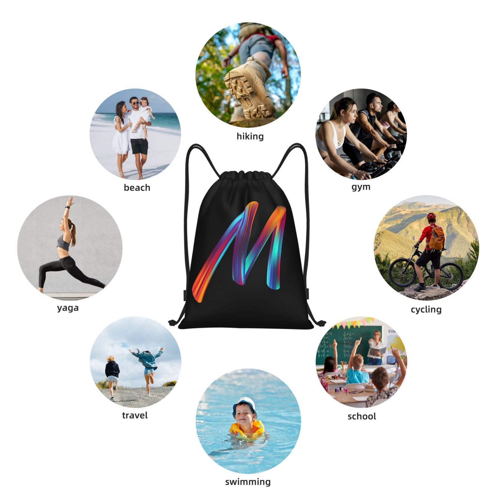Custom Initial Drawstring Backpack - Black Cinch Sackpack for Sports, Gym, Travel, Swimming, Beach & Camping - Personalized Letter M Design - Perfect for Workouts, Vacations & Outdoor Adventures