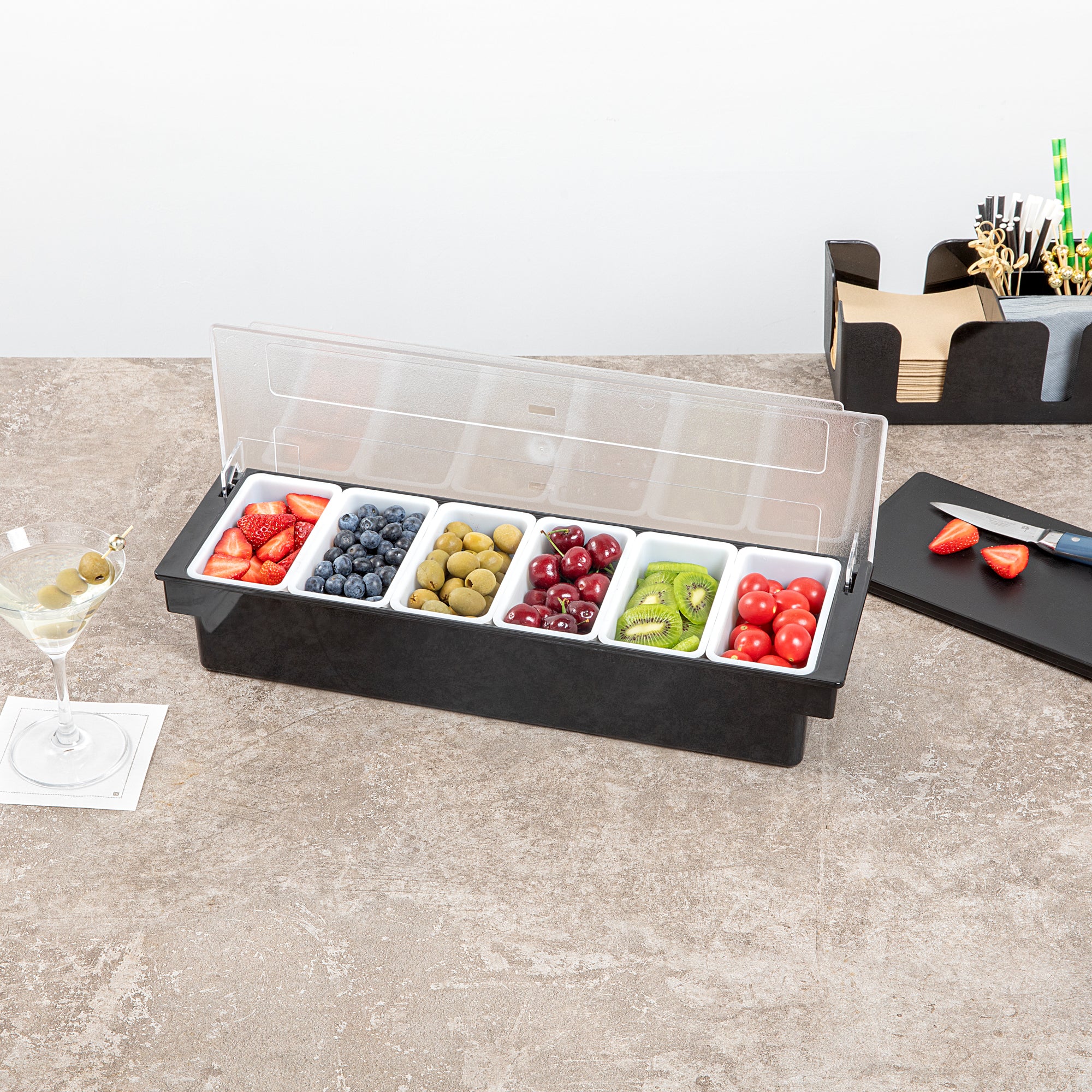 Bar Lux Black Plastic Condiment Caddy - 6 Compartment Organizer (19.5
