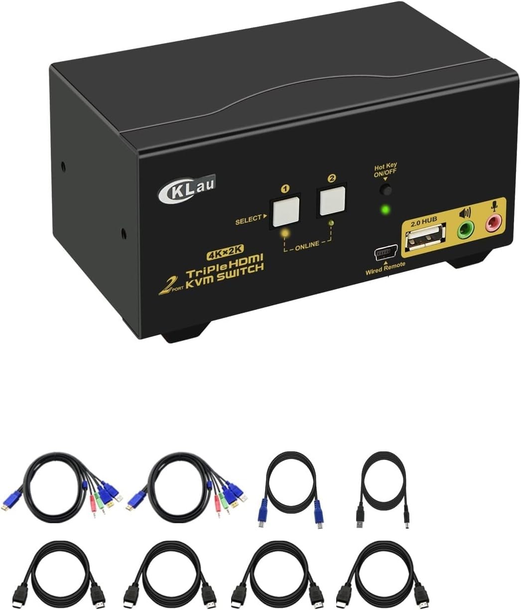 CKLau 4Kx2K@60Hz Dual Port 3 Monitor KVM Switch HDMI with Audio & Cables - 2 Computer 3 Display KVM Switch for PC & Mac, Supports Emulation EDID & Hotkey Switching - Perfect for Home Office, Gaming & Multi-Tasking Workstations