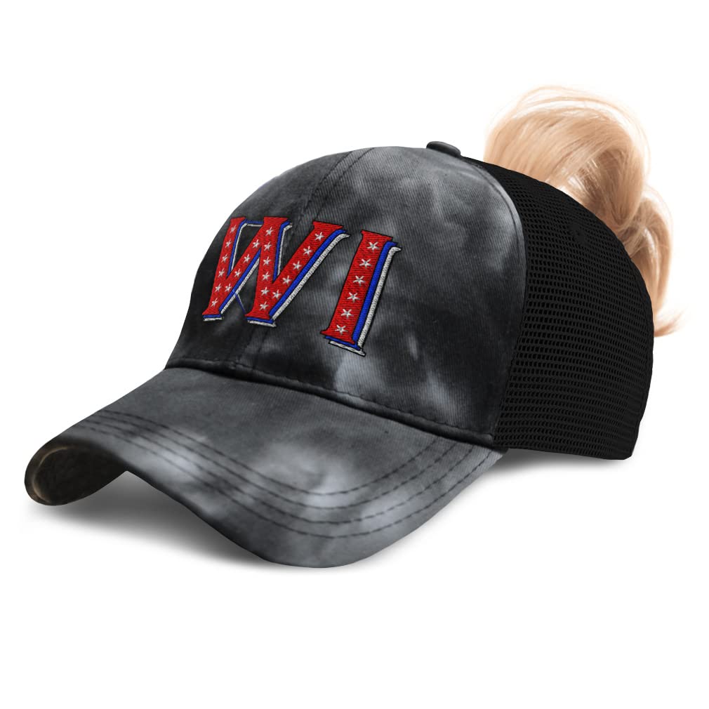 Women's Ponytail Baseball Cap - Wisconsin Red Flag & Stars Design - Milwaukee Distressed Trucker Hat for Women - Perfect for Game Day, Tailgating & Casual Outfits