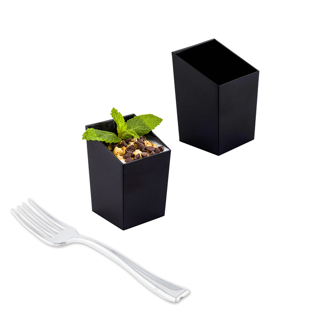 100 Pack 3 oz Square Black Plastic Incline Cups with 100 Silver Mini Forks - Perfect for Party Appetizers, Wedding Receptions & Catering Events