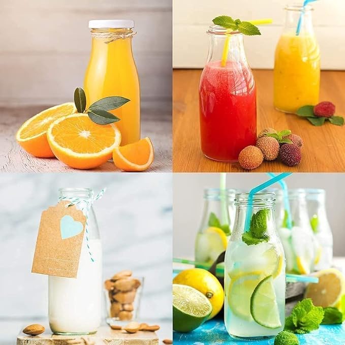 Lecrof 300ml Glass Milk Bottle with Reusable Straw & Airtight Lid - Perfect for Coffee, Tea, Juice, Smoothies & Water | Eco-Friendly Beverage Container for Home, Office, Gym & Travel