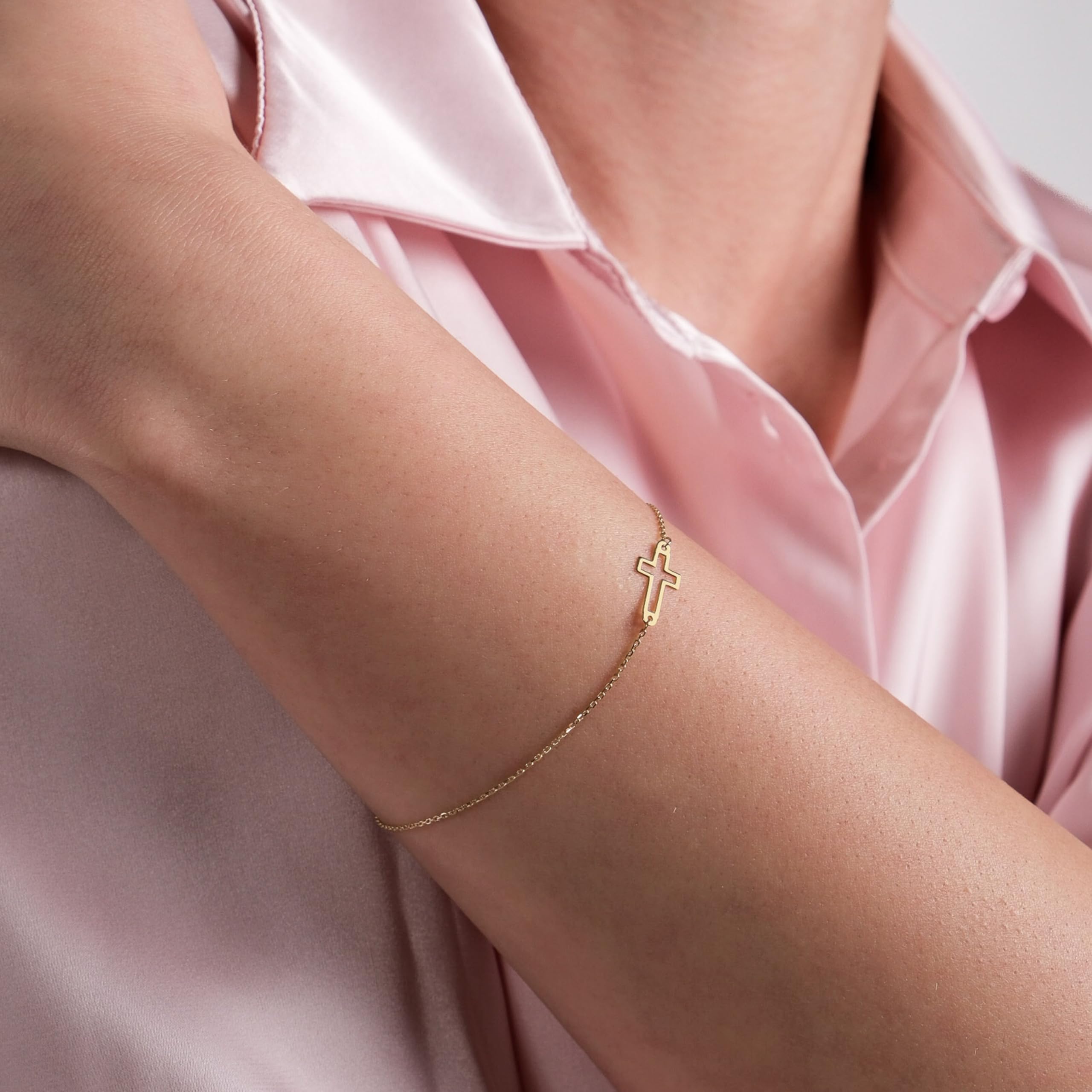14K Solid Gold Cross Bracelet for Women, Teen Girls & Baby - Adjustable Sideways Real Gold Bracelet - Christian Baptism Gift & Everyday Jewelry - Perfect for Church, Weddings & Special Occasions