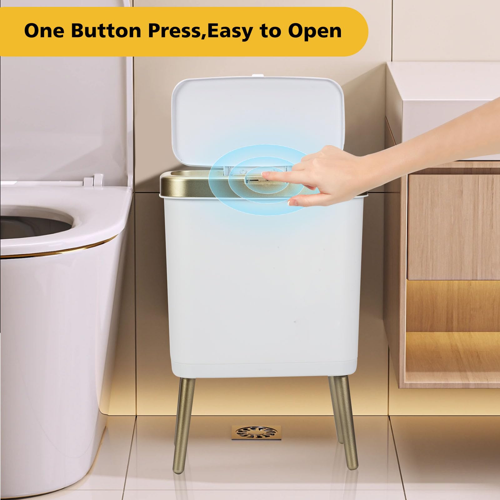 4 Gallon Slim Gold Bathroom Trash Can with Lid - Modern White Plastic Waste Basket with Legs for Kitchen, Bedroom, Living Room & Office | Perfect for Small Spaces & Home Decor
