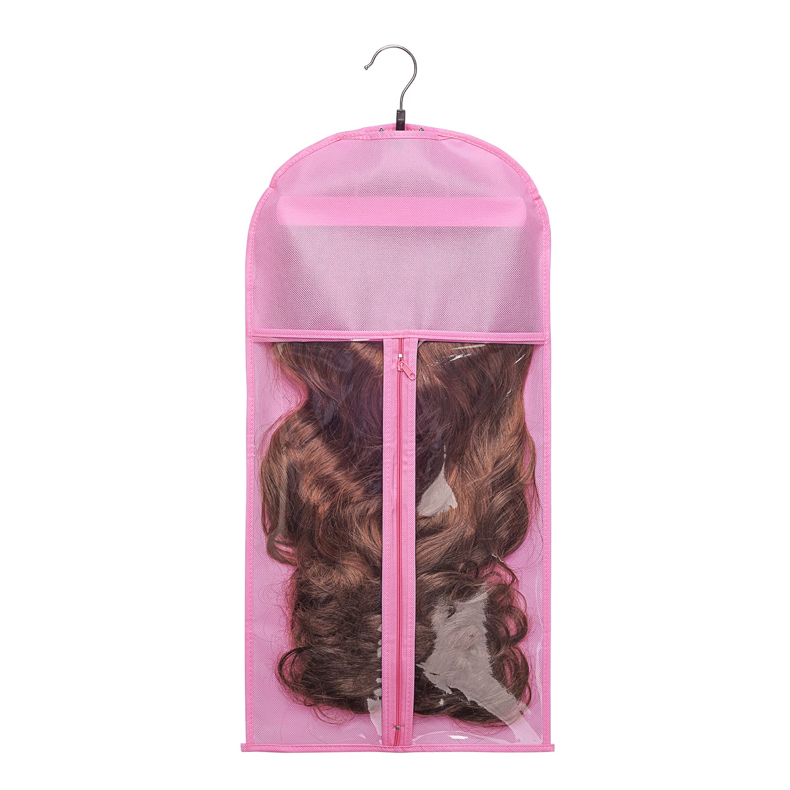 5-Piece Pink Wig Storage Bags with Wooden Hangers - Dust-Proof Organizer for Hair Extensions & Wigs - Perfect for Salon, Cosplay & Travel Use