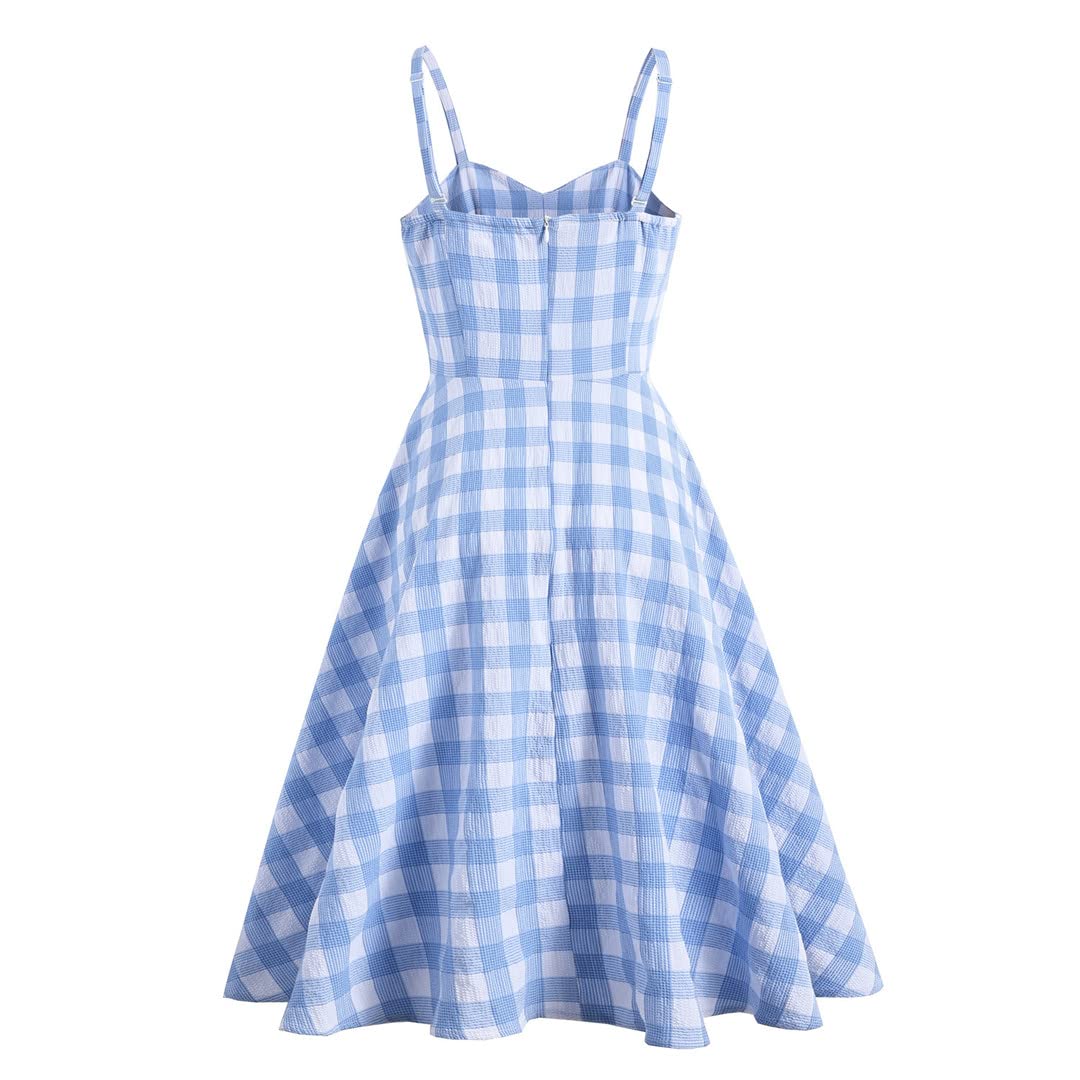 Women's Blue Plaid Printed Spaghetti Strap Sundress - Vintage A-Line Summer Party Dress for Beach, Vacation & Casual Outings