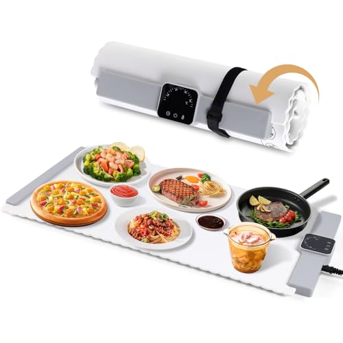 Premium Food Warming Mat - 5 Adjustable Temperature Settings & 4-Hour Timer with Child Lock | Flexible Silicone Heating Pad for Home, Office & Travel | Easy to Clean | Perfect for Parties, Picnics & Dining - Keep Meals Warm Anywhere