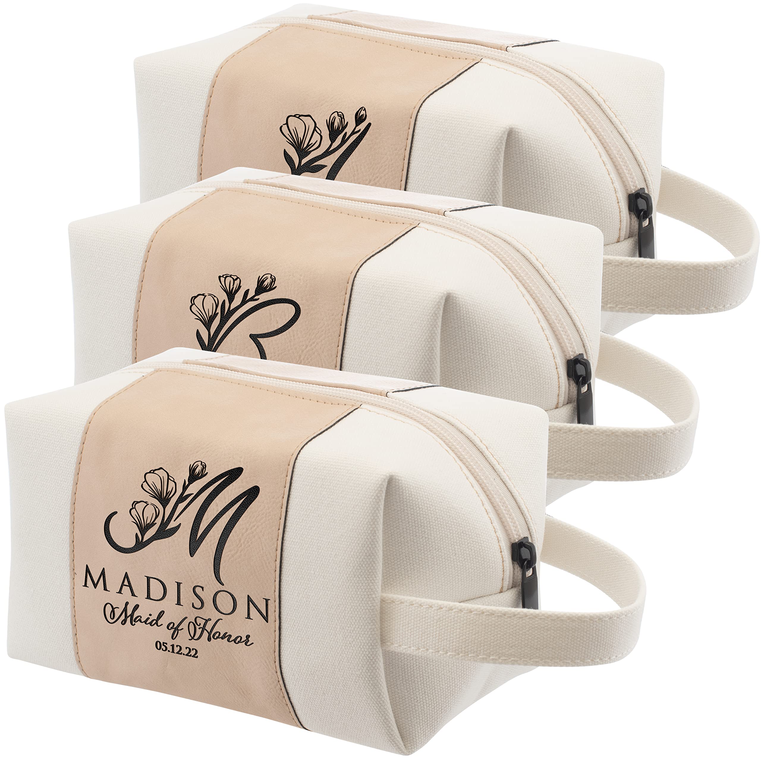 Personalized Bridesmaid Gifts Set of 3 - Custom Toiletry Bags for Women with Name, Title & Date - 3 Designs & 4 Colors (Rose Gold) - Perfect for Bridal Showers, Bachelorette Parties & Wedding Proposals