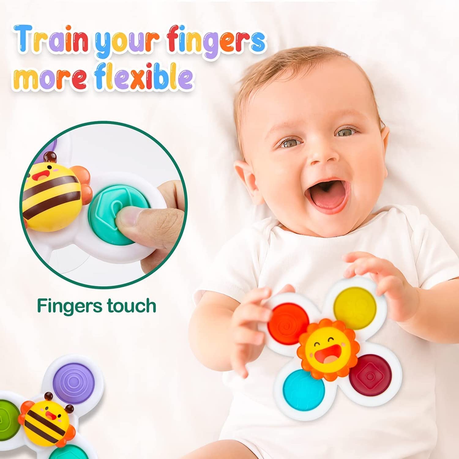 3 Pack Suction Cup Spinner Toys - Stress Relief Fidget Toys for Babies & Kids - Bubble Sensory Rotation Fun for Bath Time, Travel, Restaurants & Parties