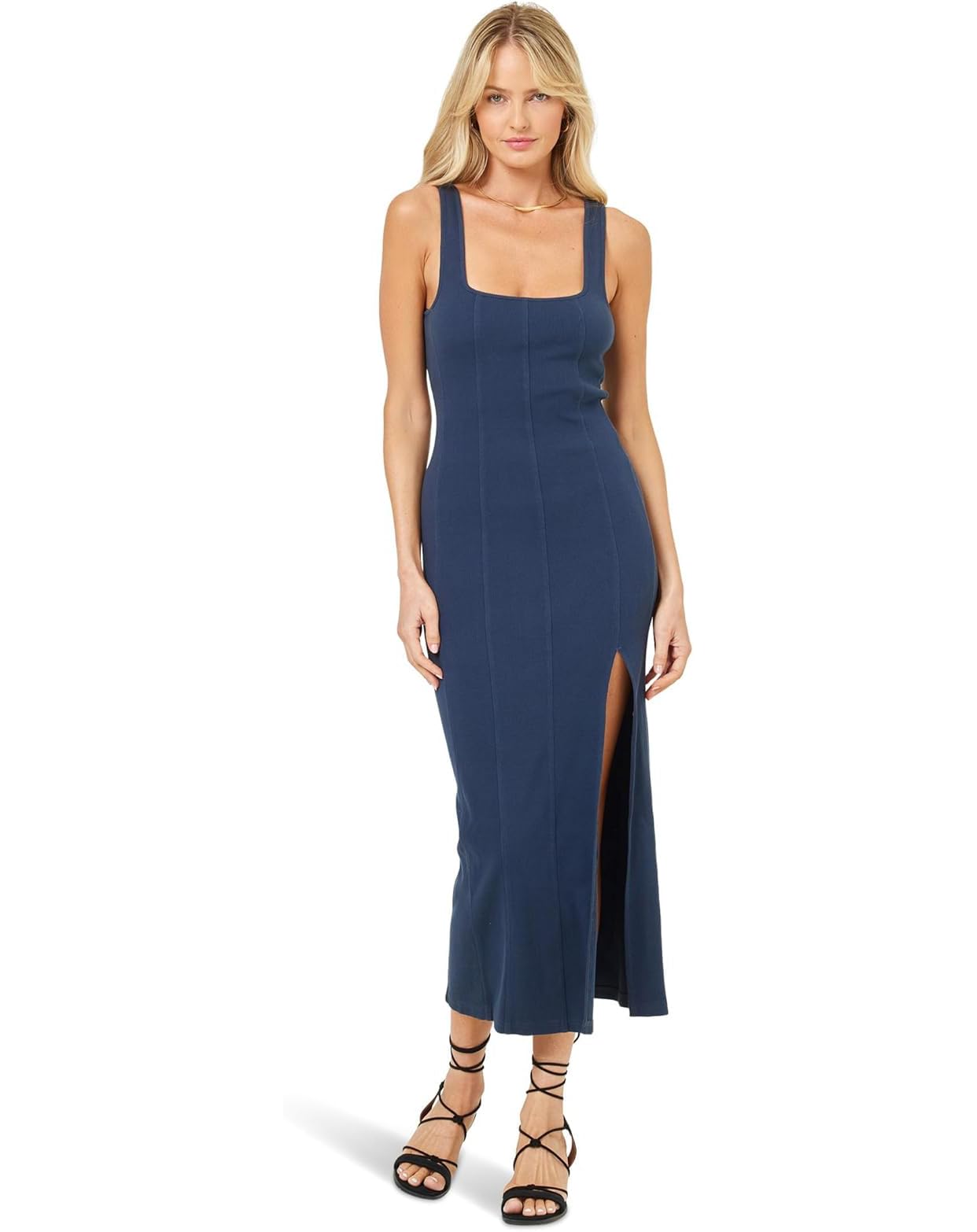 L*Space Vivienne Ribbed Midi Dress for Women - Fitted Scoop Neck Sleeveless Dress with Shelf Bra, Low Back & Thigh Slit | Perfect for Beach Coverups, Date Nights & Summer Vacations