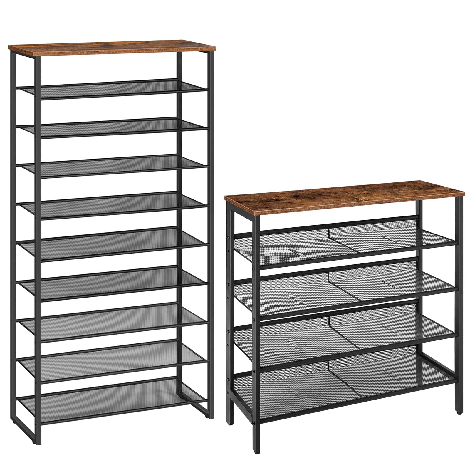 HOOBRO 10-Tier Shoe Rack and 5-Tier Shoe Storage Organizer - Sturdy Rustic Brown Entryway Shoe Shelf for Hallway, Closet, Dorm Room - Perfect for Small Spaces & Shoe Organization