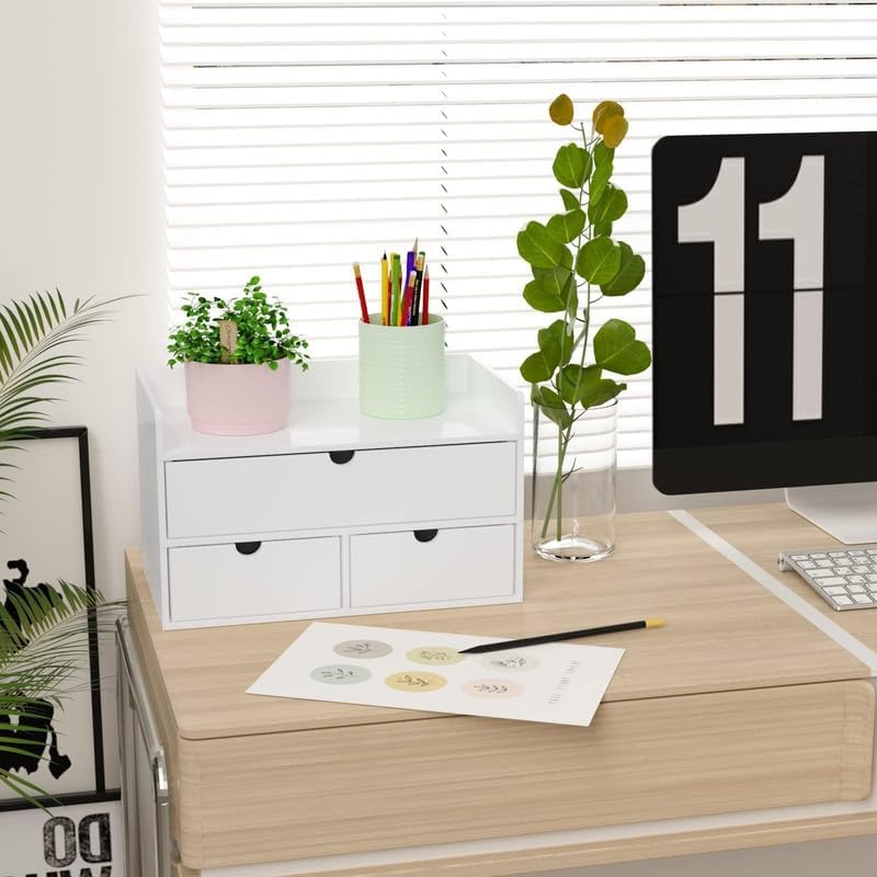 Wisuce Bamboo Desk Organizer with Shelf - Mini Tabletop Drawer for Office & Home Storage | Perfect for Organizing Cosmetics, Stationery & Small Items | White Bamboo Desktop Organizer for Workspace & Vanity