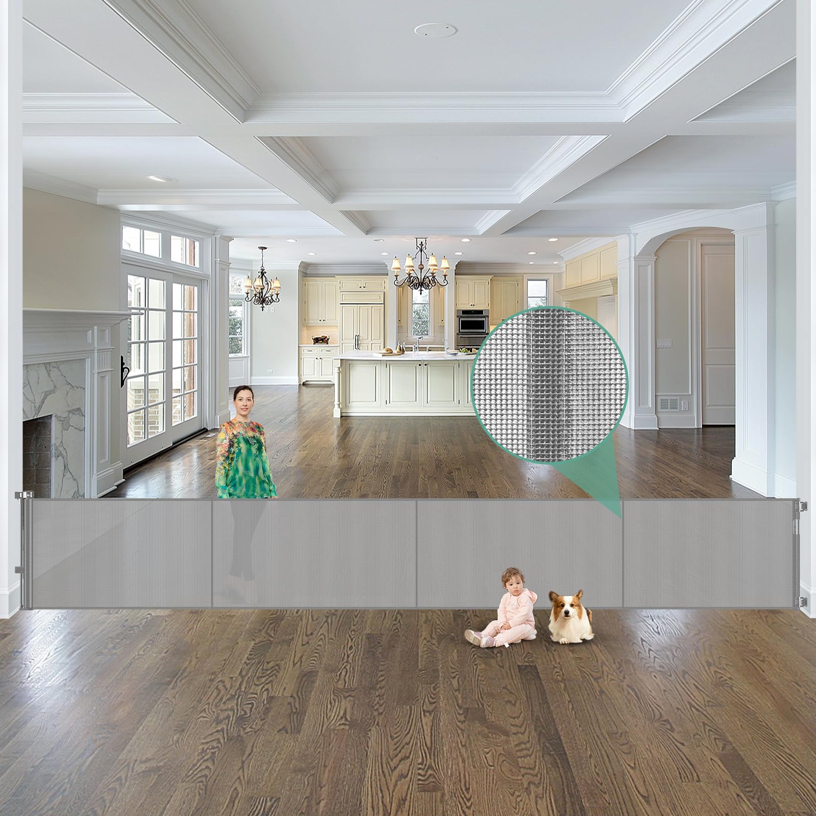 195 Inch Extra Wide Retractable Baby Gate & Dog Fence with Support Rods - 16ft Expandable Safety Barrier for Indoor/Outdoor Use | Prevents Crawling Under | Durable Gray Pet Gate for Stairs, Hallways & Doorways