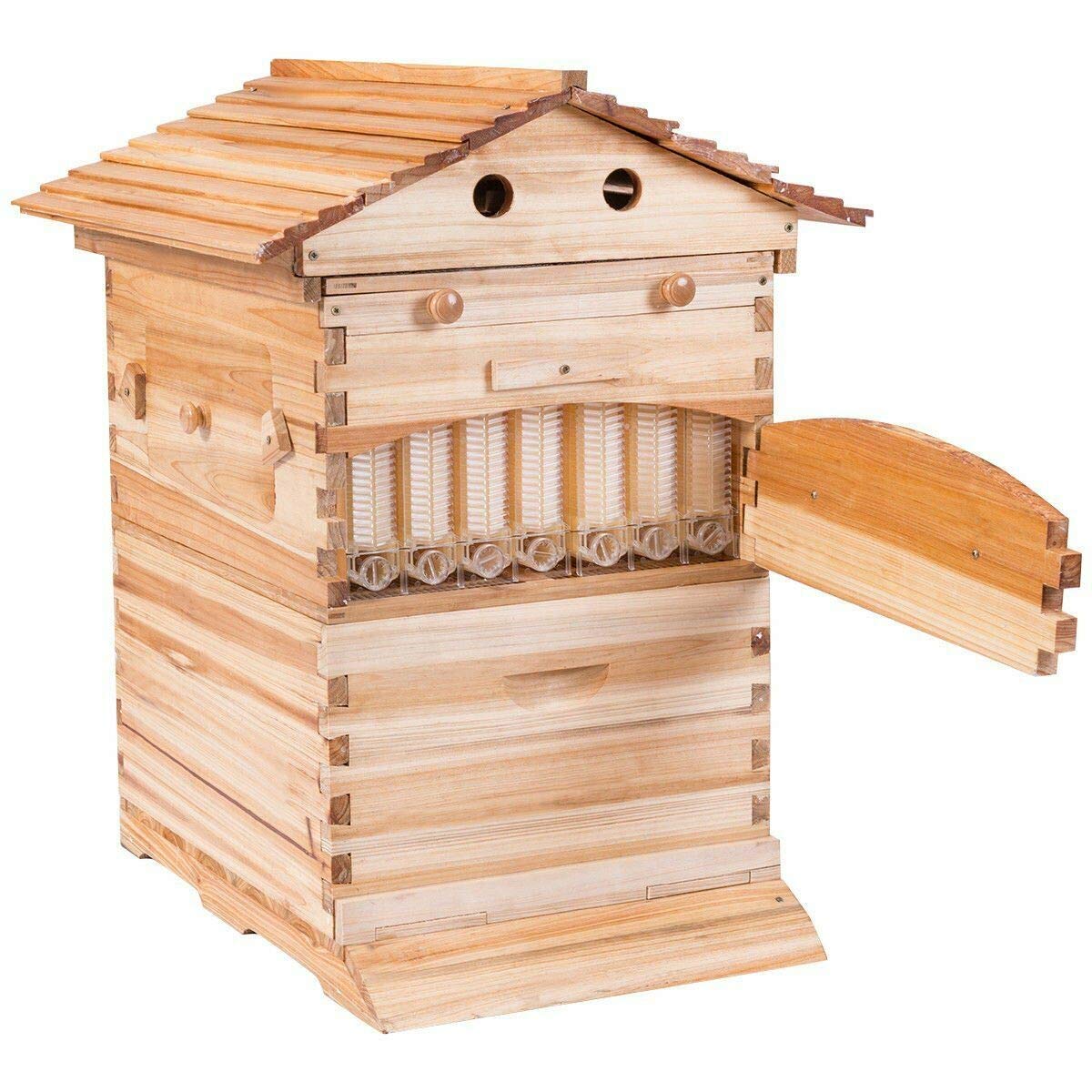 Automatic Wooden Bee Hive Kit with 7-Piece Honeycomb Frames - Starter & Pro Beekeeping Supplies for Honey Production | Backyard Beekeeping, Pollinator Garden, Sustainable Farming