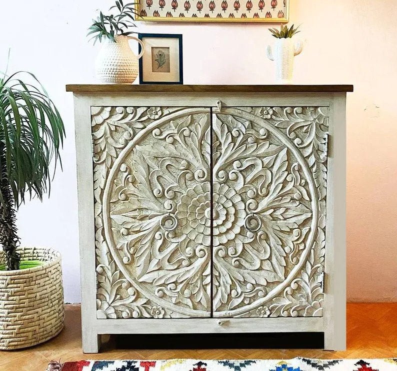 Hand Carved Boho Indian Wooden Living Room Cabinet - Vintage Storage Furniture for Home Decor, Books & Display | Perfect for Bohemian, Farmhouse & Eclectic Style Interiors