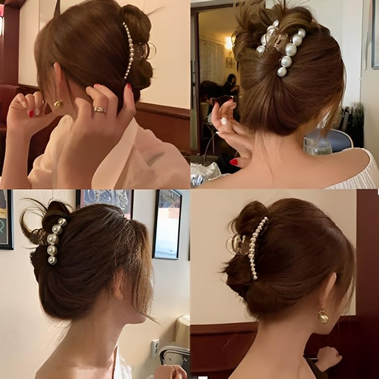 Korean Fashion Large Pearl Hair Claw Clips - Stylish Hair Barrettes for Women & Girls (Set of 2) | Perfect for Updos, Ponytails & Everyday Hairstyles