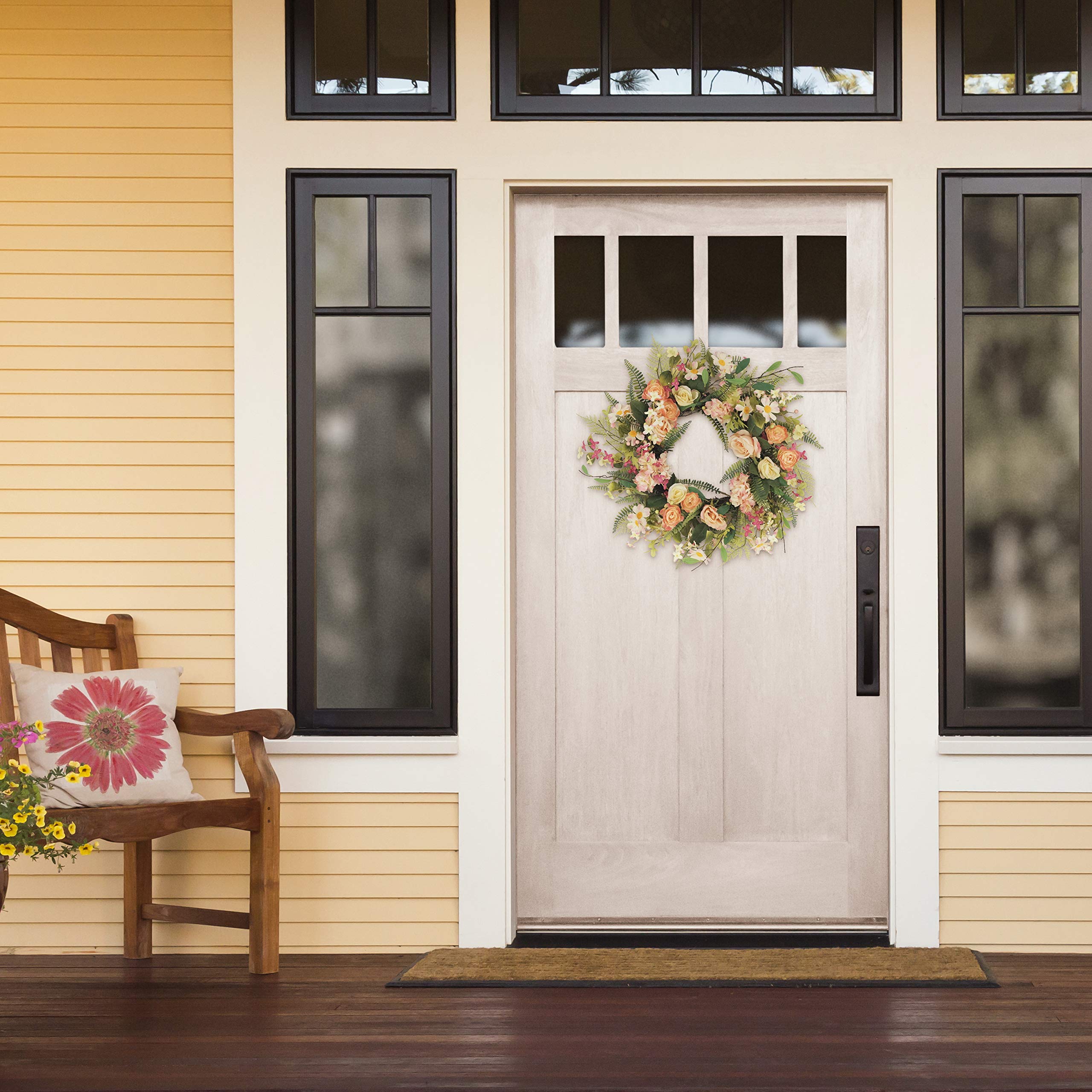 Puleo International 24-Inch Artificial Rose and Hydrangea Floral Spring Door Wreath - Elegant Home Decor for Front Door, Wall, or Seasonal Display