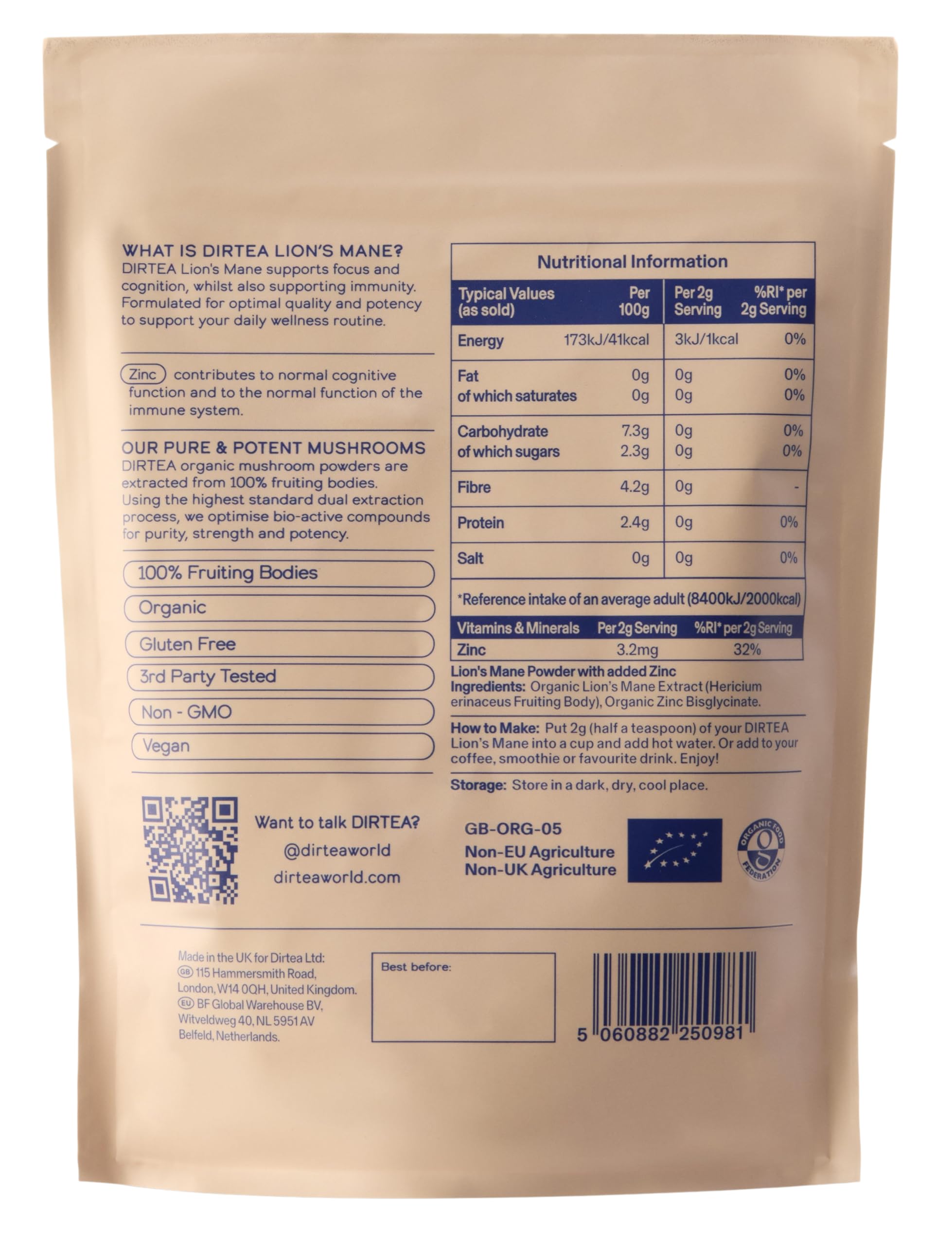 DIRTEA Organic Lion's Mane Mushroom Powder Supplement | 2,000mg per Serving | Vegan, Non-GMO | Supports Focus, Memory & Immune System | High Strength with Zinc | 240g (120 Servings) | Brain Booster for Work, Study & Mental Clarity