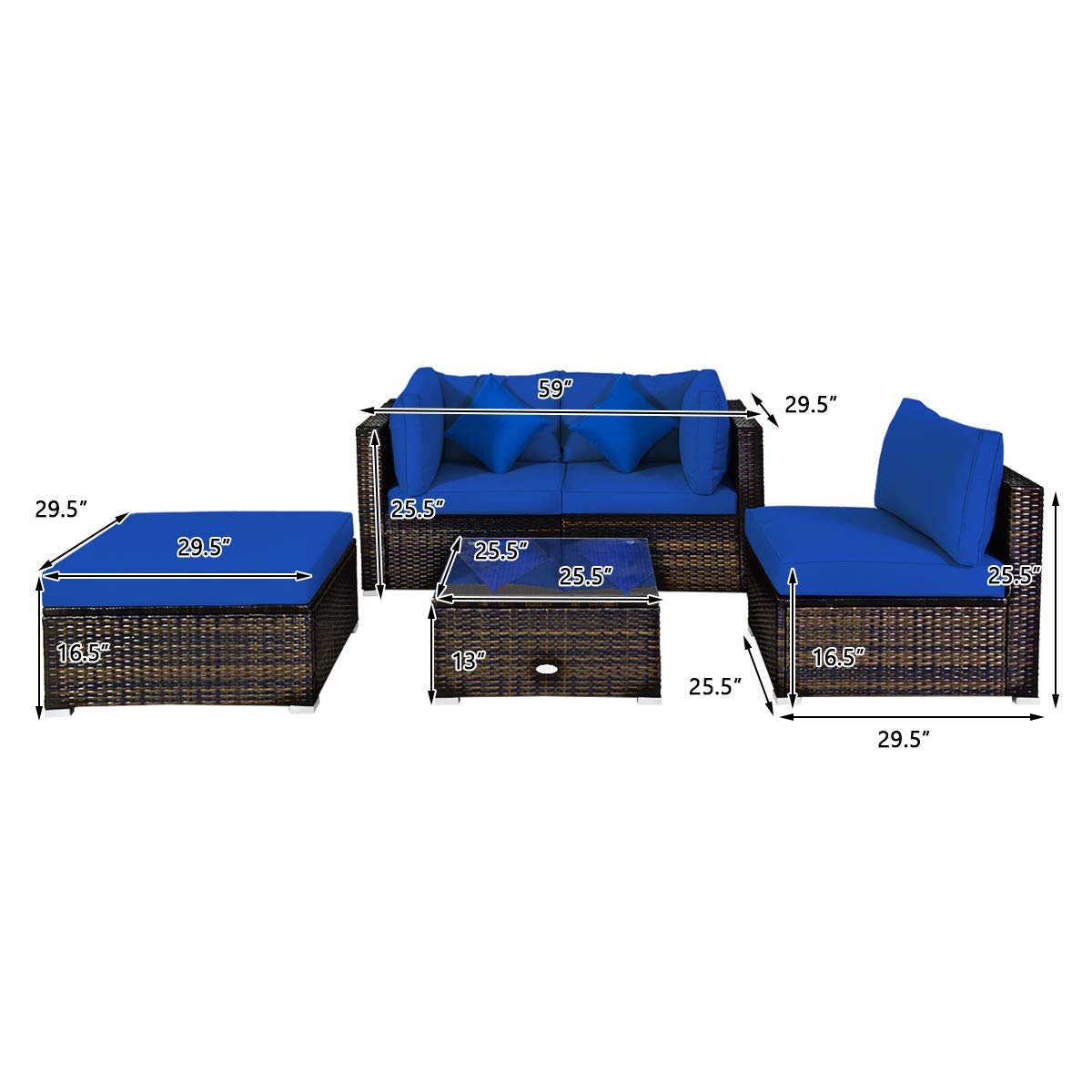 HAPPYGRILL 5-Piece Outdoor Patio Conversation Set - Rattan Wicker Sectional Sofa with Ottoman, Coffee Table, Cushions & Pillows - Perfect for Garden, Lawn, Balcony, Backyard & Poolside Relaxation