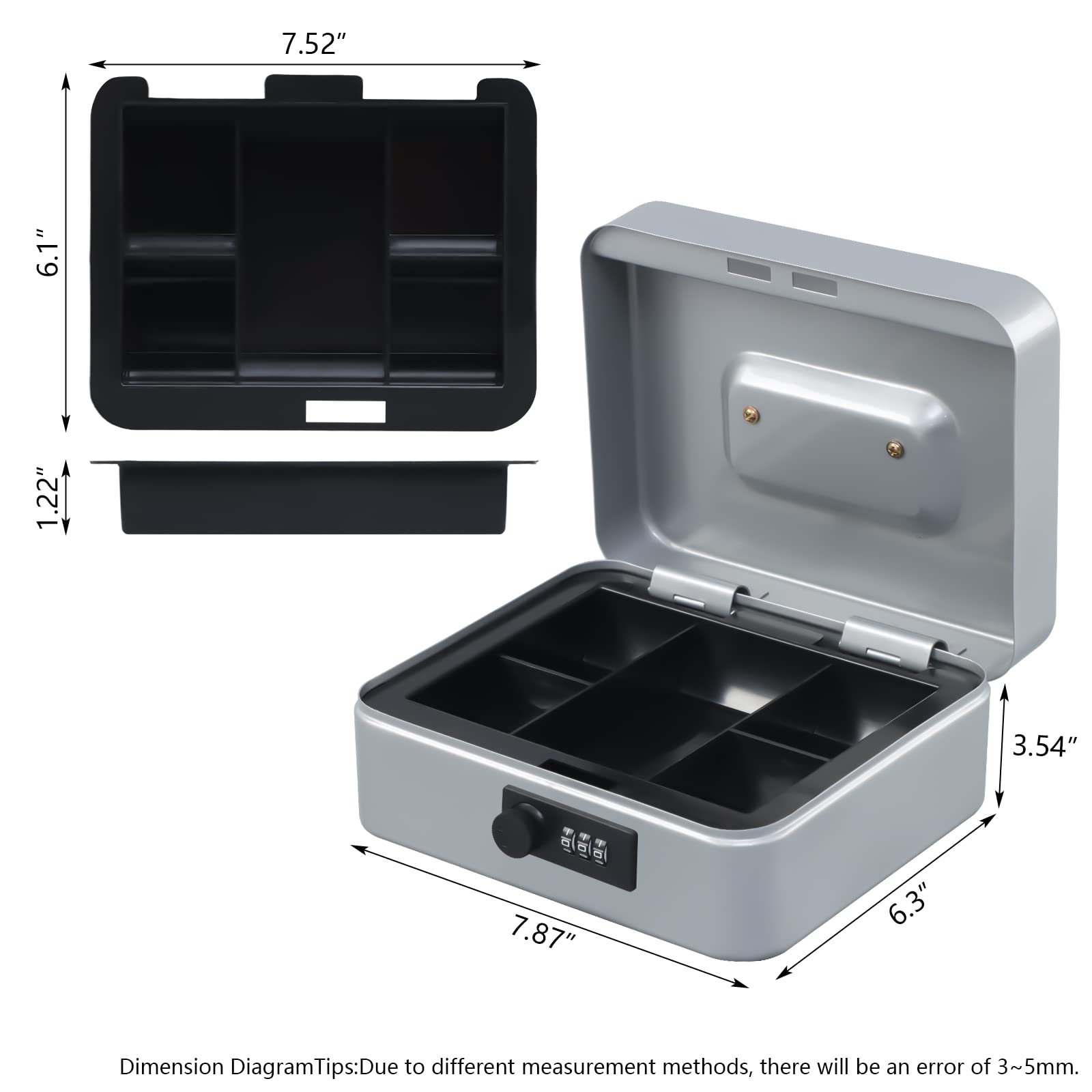 KYODOLED Medium Cash Box with Combination Lock - 7.87x6.30x3.54 Inch Metal Money Safe with Tray, Light Grey | Secure Storage for Home, Office, Retail & Events