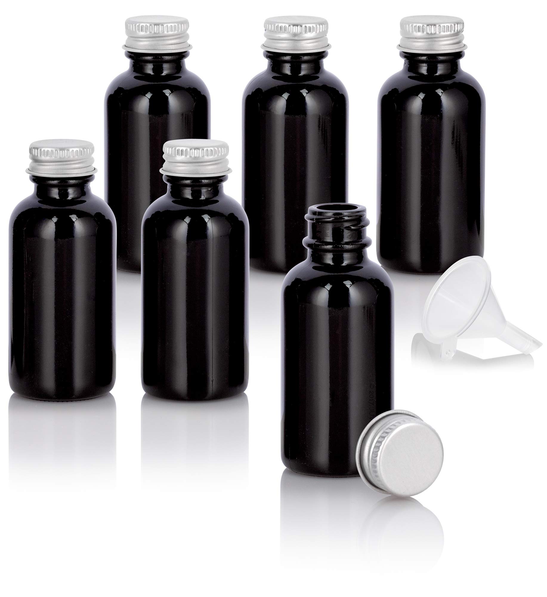 JUVITUS 1 oz Black Glass Luxury Boston Round Bottle with Silver Metal Screw On Caps (6 Pack) + Funnel - Perfect for Essential Oils, Perfumes, DIY Beauty & Travel Size Liquids