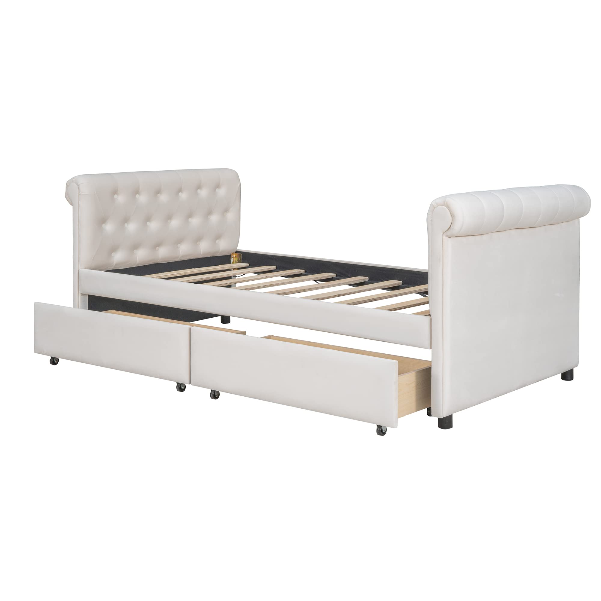Twin Size Upholstered Daybed with 2 Storage Drawers & Tufted Sofa Bed - Wood Frame Beige for Guest Room, Small Space & Multi-Functional Furniture