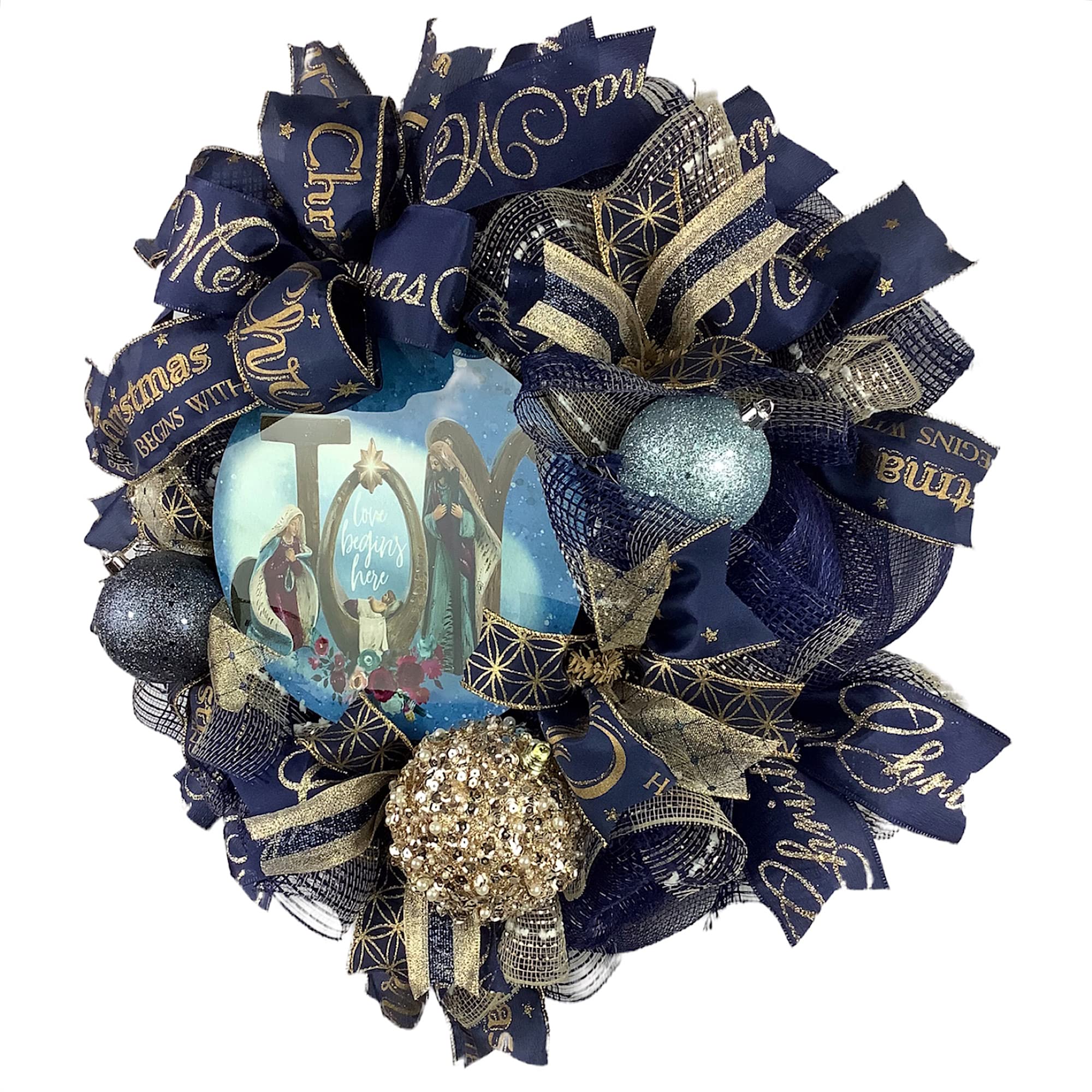 Nativity Christmas Wreath with Baby Jesus in Manger - Elegant Navy Blue & Gold Ball Ornaments and Bow - Perfect for Holiday Door Decor, Fireplace Mantel, and Christmas Tree Topper