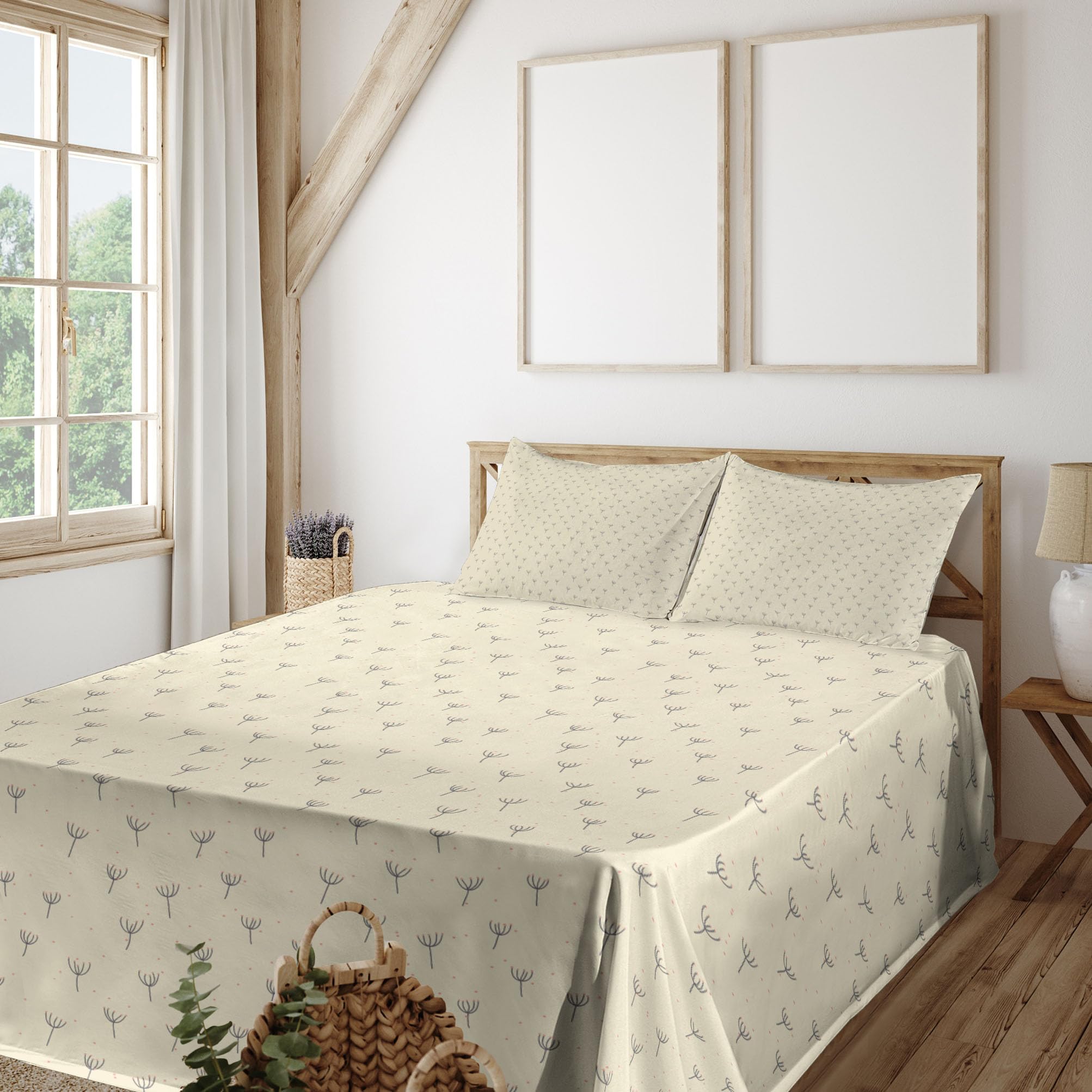 Ambesonne Floral King Sheet Set - 4 Piece Bedding with Pastel Flowers, Cream Coral & Grey - Fitted Sheet, Flat Sheet & Pillowcases - Spring Pollination Design - Perfect for Master Bedroom, Guest Room & Cozy Home Decor