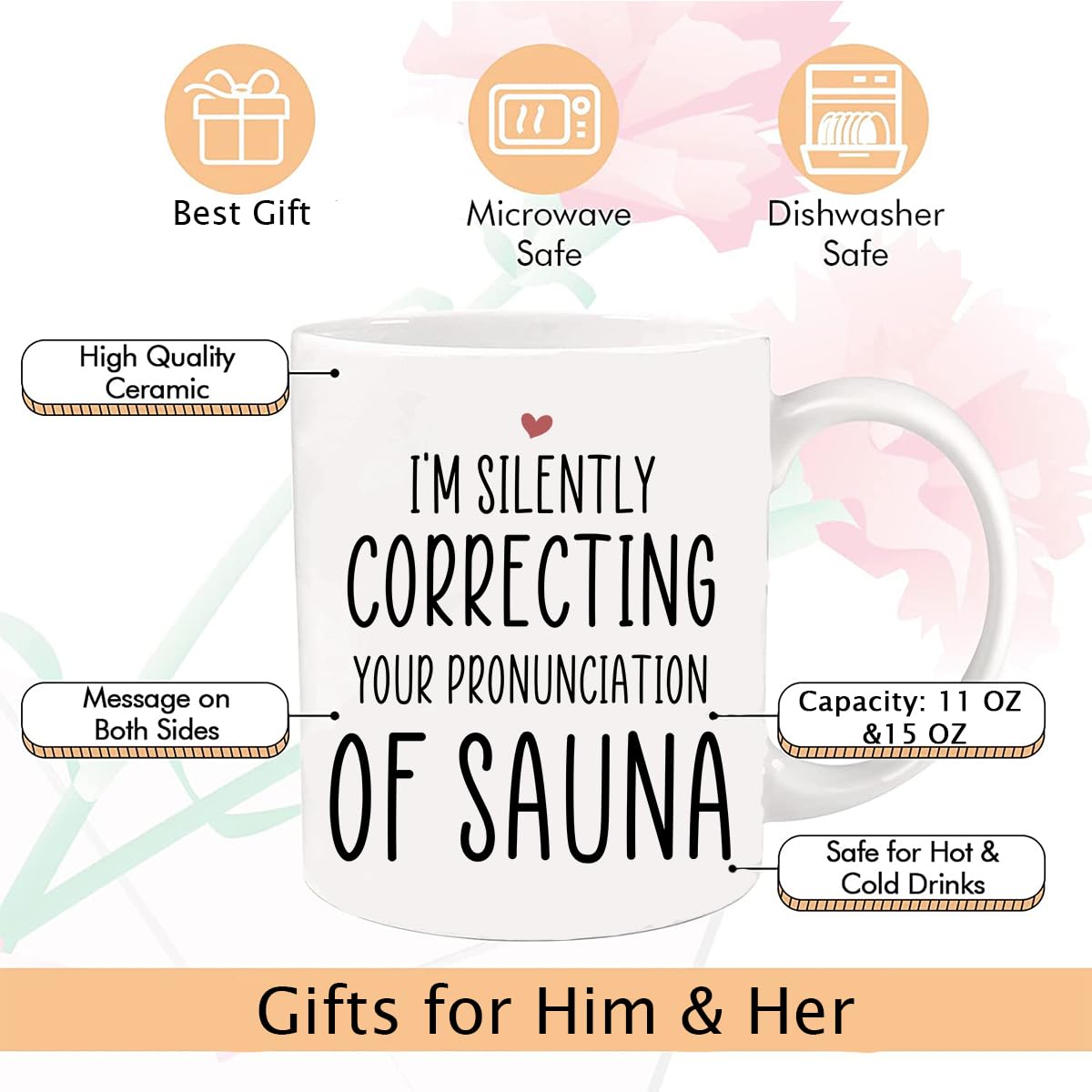 Funny Sauna Pronunciation Correction Mug - 11oz & 15oz White Coffee Cup - Perfect Gift for Birthday, Christmas, Halloween - Great for Office Humor & Coffee Lovers