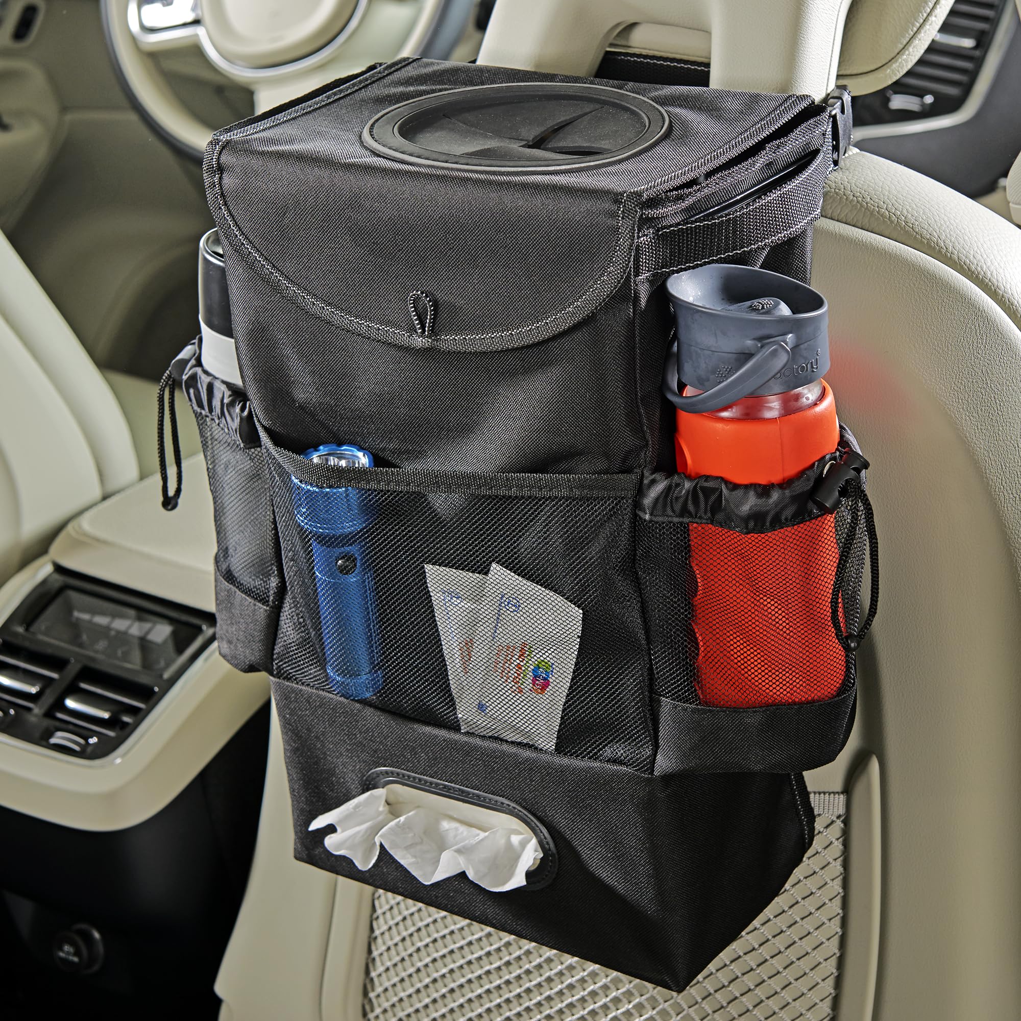 High Road StashAway Large Car Trash Can for Back Seat - 3 Gallon Auto Garbage Bin with Lid, Tissue Holder & Bottle Pockets - Seatback Organizer for SUVs, Trucks & Vans | Perfect for Road Trips, Family Travel & Daily Commute
