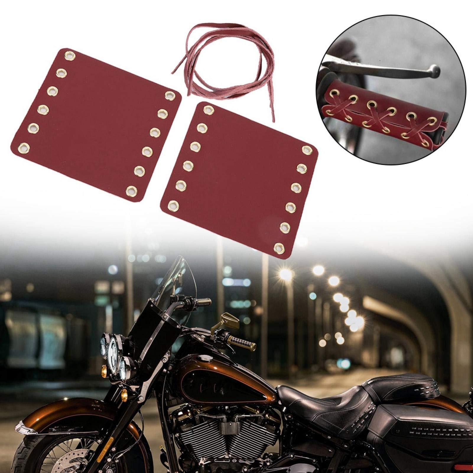 2PCS Premium Leather Motorcycle Handlebar Grips - Black, Brown, Red, Yellow (Red) - Non-Slip Comfort Grip Covers for Harley, Cruiser & Sport Bikes - Ideal for Long Rides & Custom Bike Modifications
