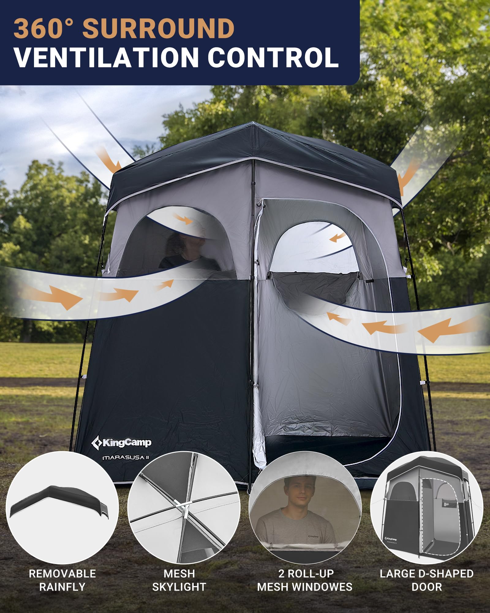 KingCamp Luxury Camping Shower Tent with Shower Bag - Portable Privacy Shelter for Outdoor Bathing, 1 & 2 Room Toilet Tent Options - Perfect for Camping, Hiking, Beach Trips and RV Adventures
