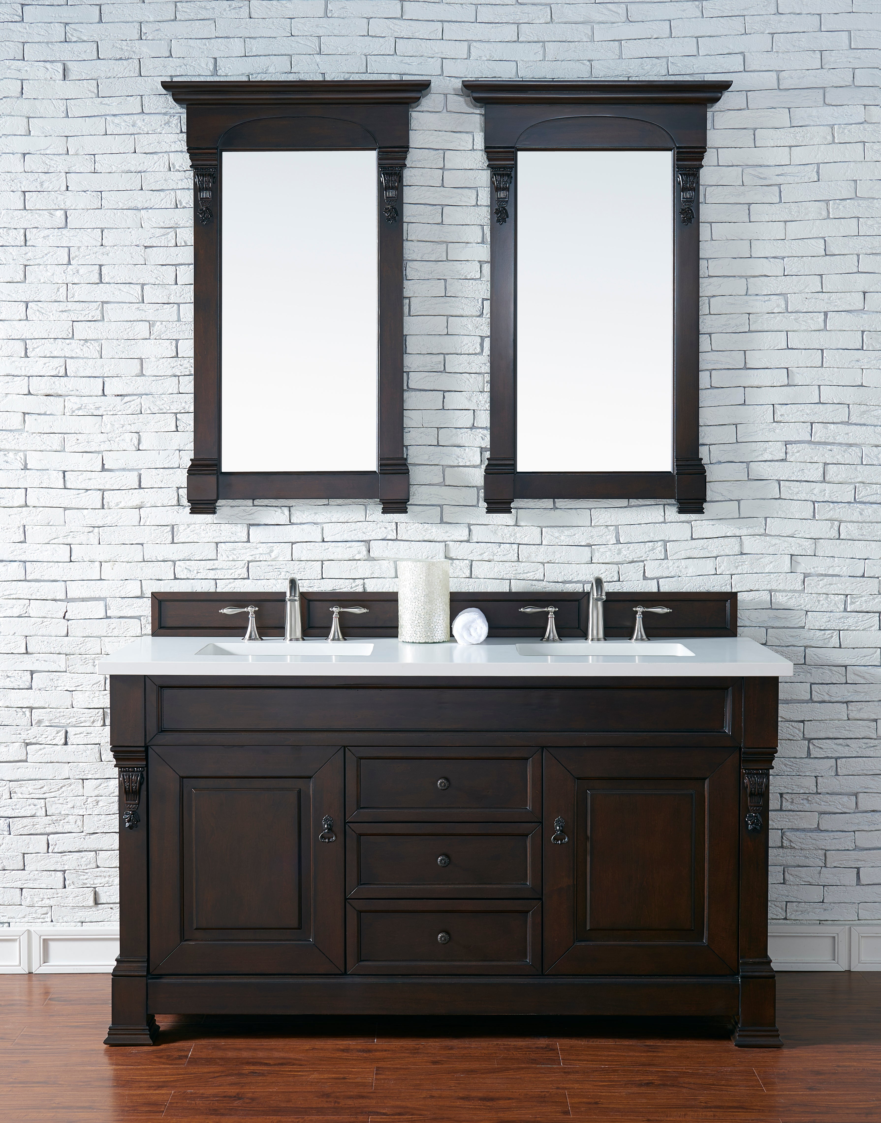 Brookfield 60-Inch Double Vanity with Burnished Mahogany Base & 3CM White Zeus Quartz Top - Perfect for Master Bathroom & Luxury Home Renovation