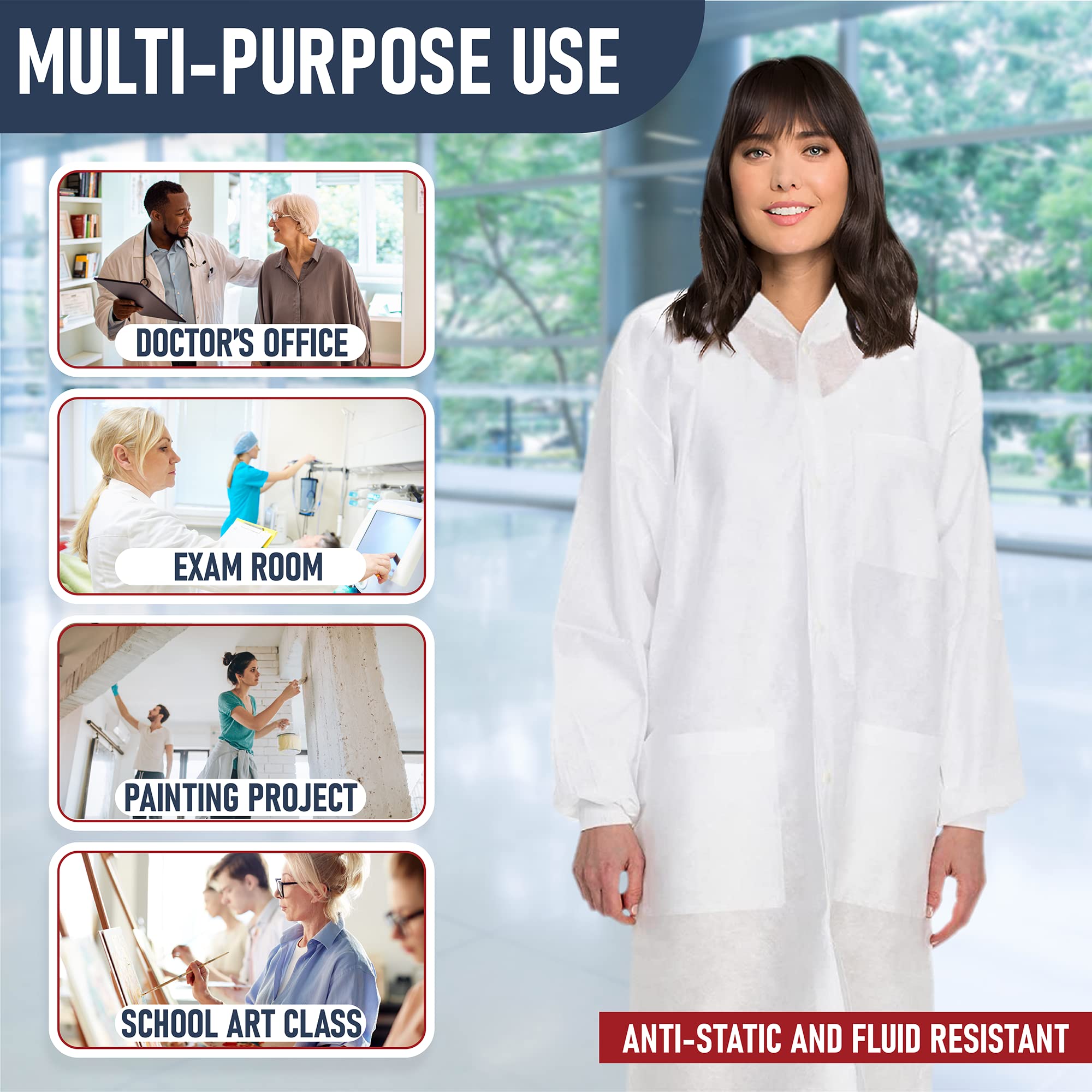 Disposable Lab Coats for Adults - White SMS Material with 3 Pockets | Durable & Comfortable Lab Wear (XS-5XL) | Perfect for Medical, Laboratory & Industrial Use