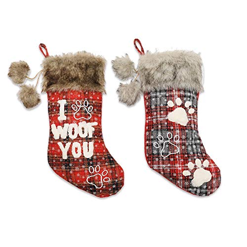 SPNEC 2-Pack Christmas Dog Paw Socks for Pets - Cozy Fur Collar Lattice Knit Socks with Christmas Tree Pendants - Perfect for Holiday Pet Outfits & Festive Home Decor