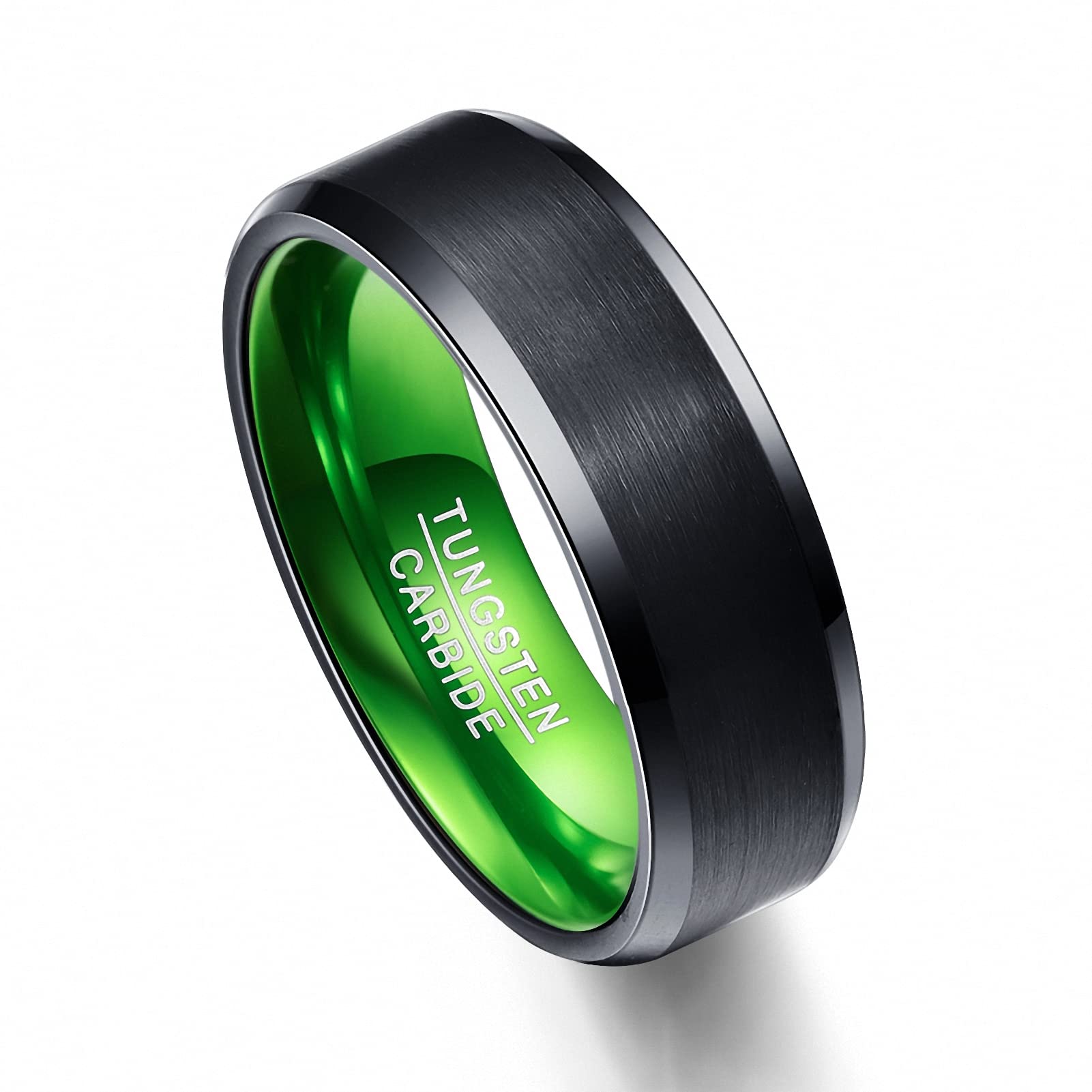 8mm Black Matte Tungsten Steel Ring for Men & Women - Green Inner Ring for Everyday Wear