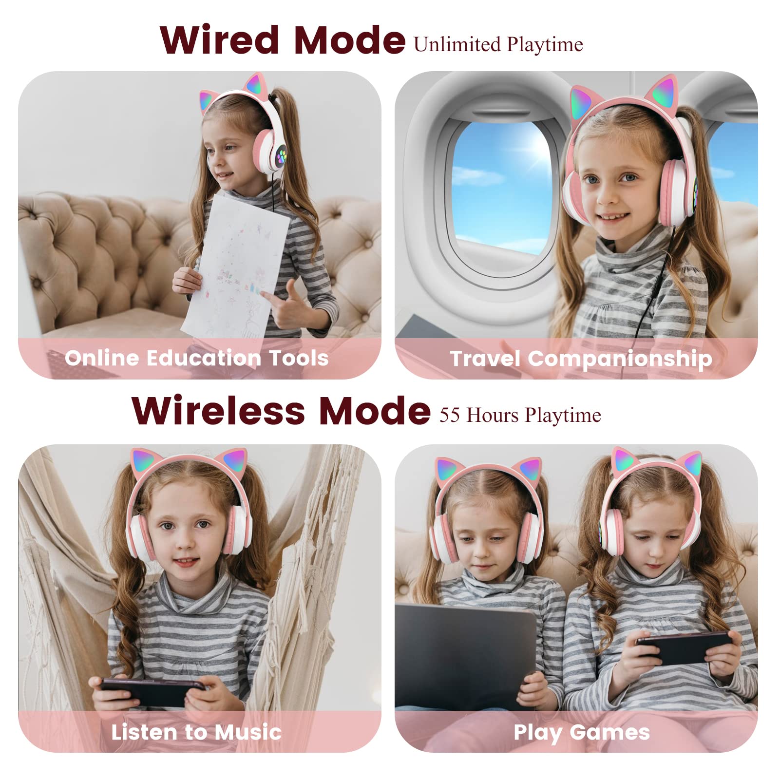 Best Wireless Kids Headphones with Microphone - Bluetooth Cat Ear Headphones for School, Girls & Boys (Pink) - Perfect for Online Learning, Travel & Entertainment